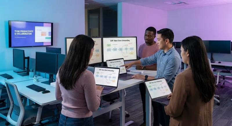 Employees learning how to create SOPs at modern workstations with visual guides on laptop screens