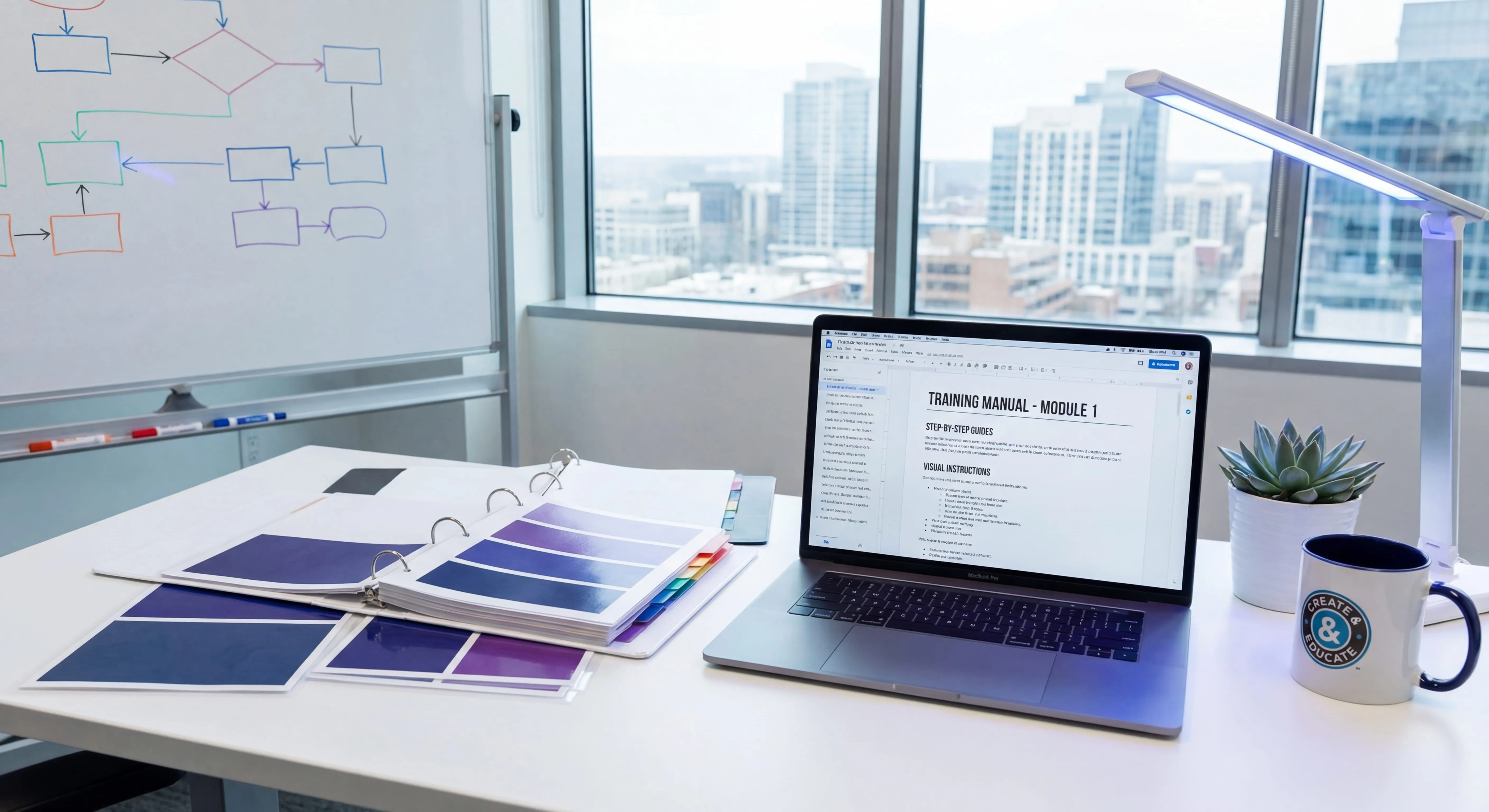 Professional training manual creation workspace with organized documentation and step-by-step guides