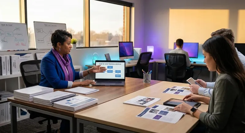 Team leader creating a training program with step-by-step guides on laptop in modern office
