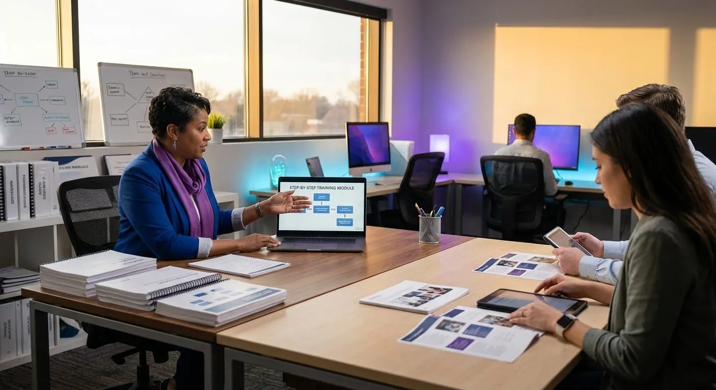 Team leader creating a training program with step-by-step guides on laptop in modern office