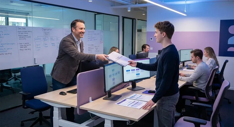 Founder delegating tasks with documentation to team member, showing effective delegation through clear processes