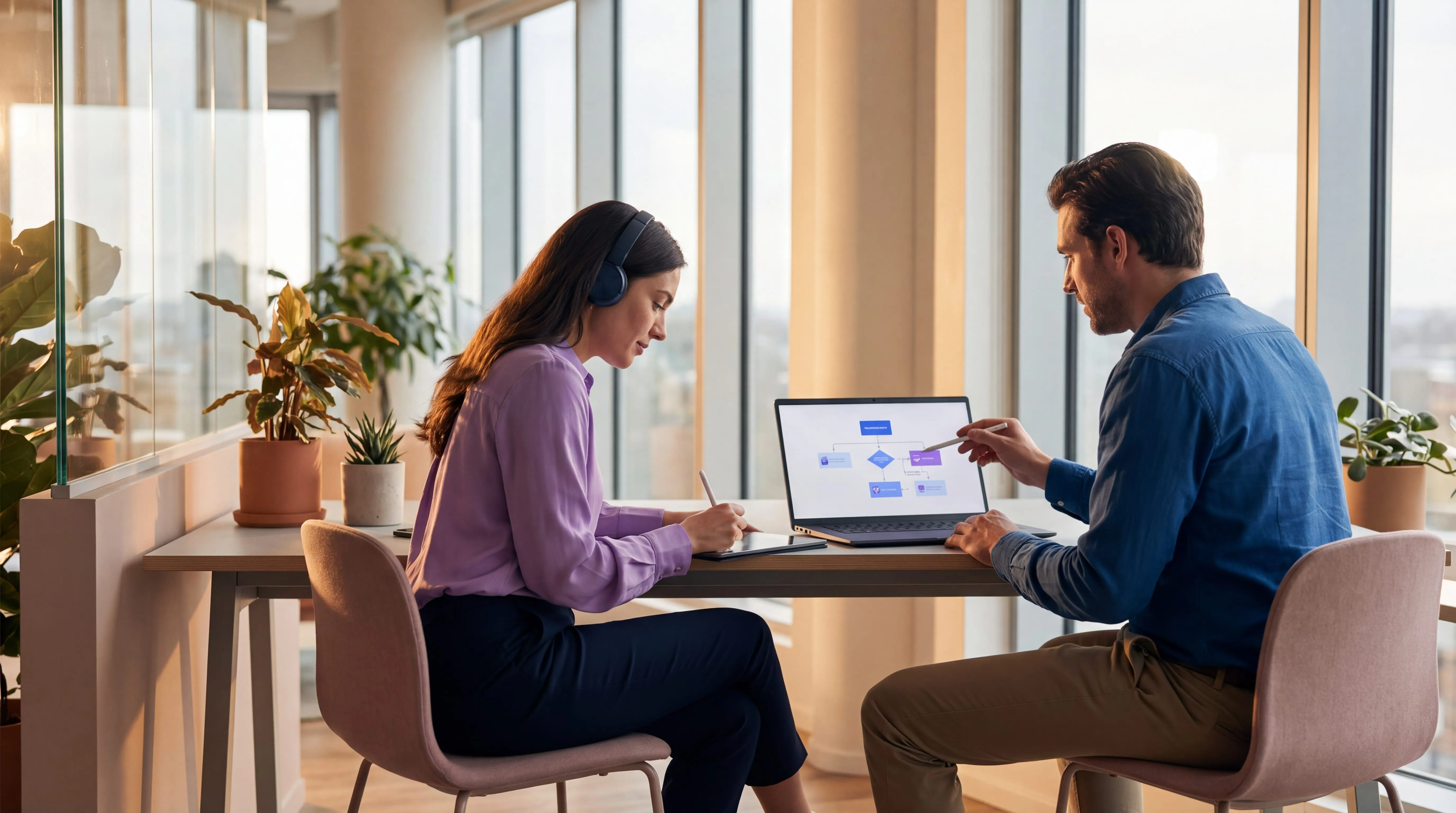 Two colleagues in a subject matter expert interview, one asking questions and taking notes while the other explains a process on screen