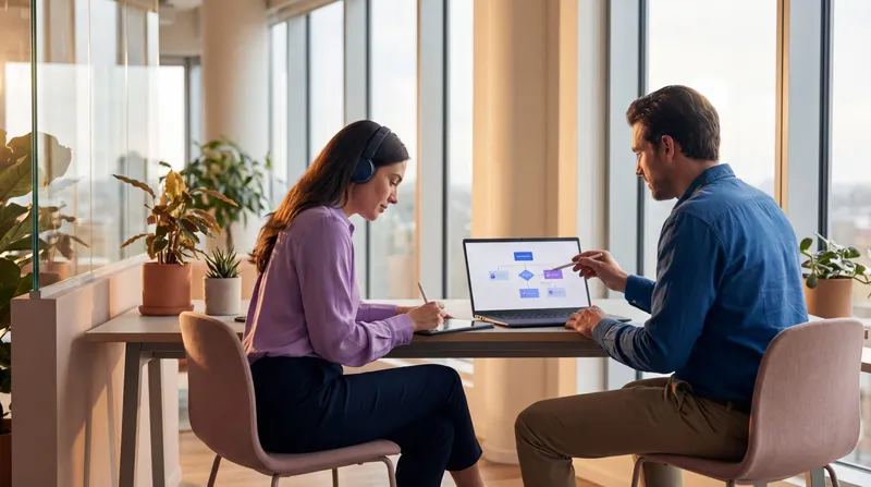 Two colleagues in a subject matter expert interview, one asking questions and taking notes while the other explains a process on screen