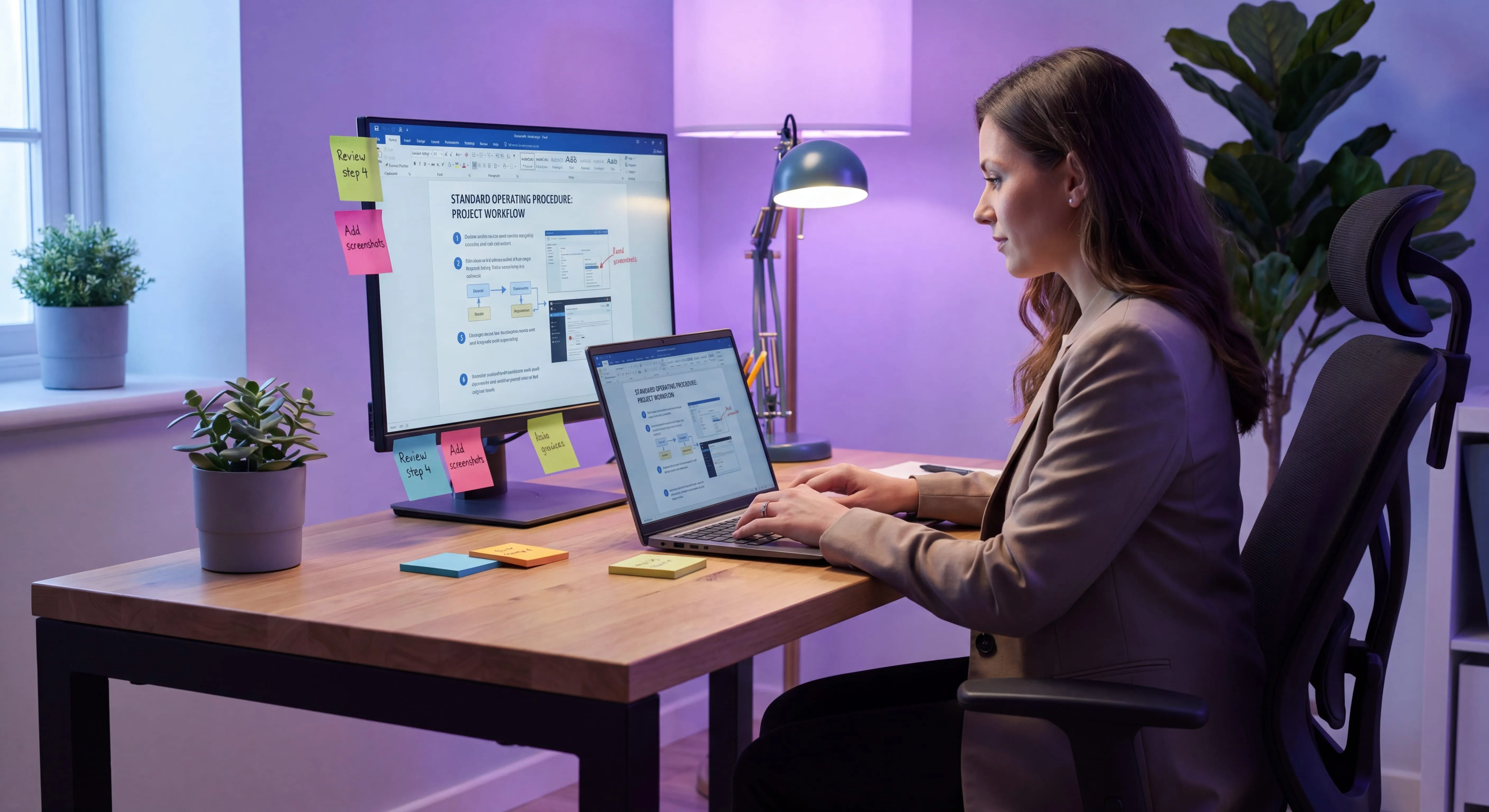 Operations manager writing a standard operating procedure on a laptop with screenshots and step-by-step instructions visible