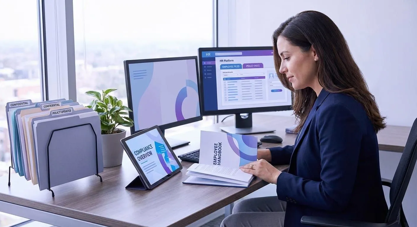 HR documentation best practices with employee handbook and policy documents in organized workspace