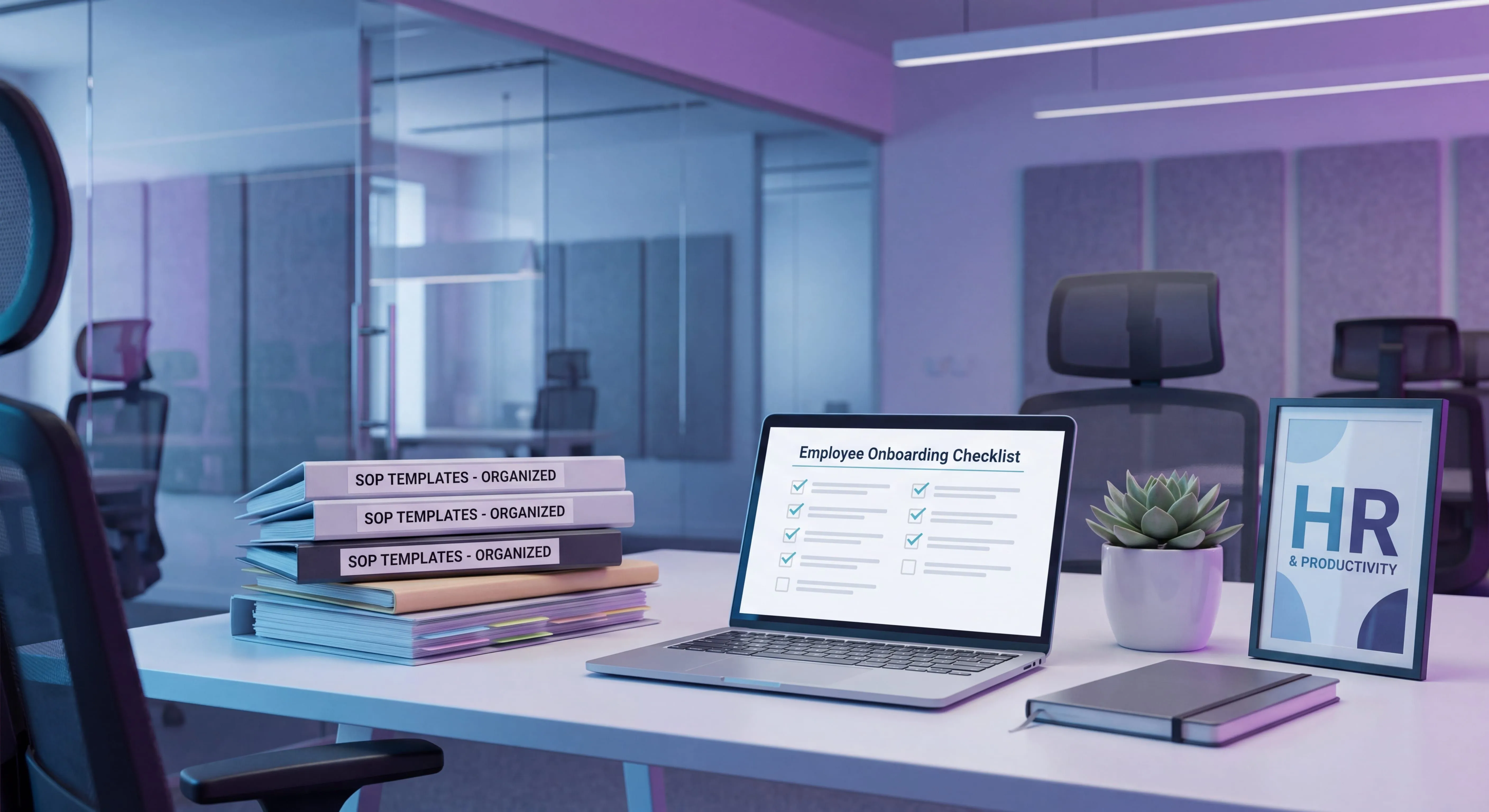 HR SOP template documents and onboarding checklist on a modern HR workspace desk