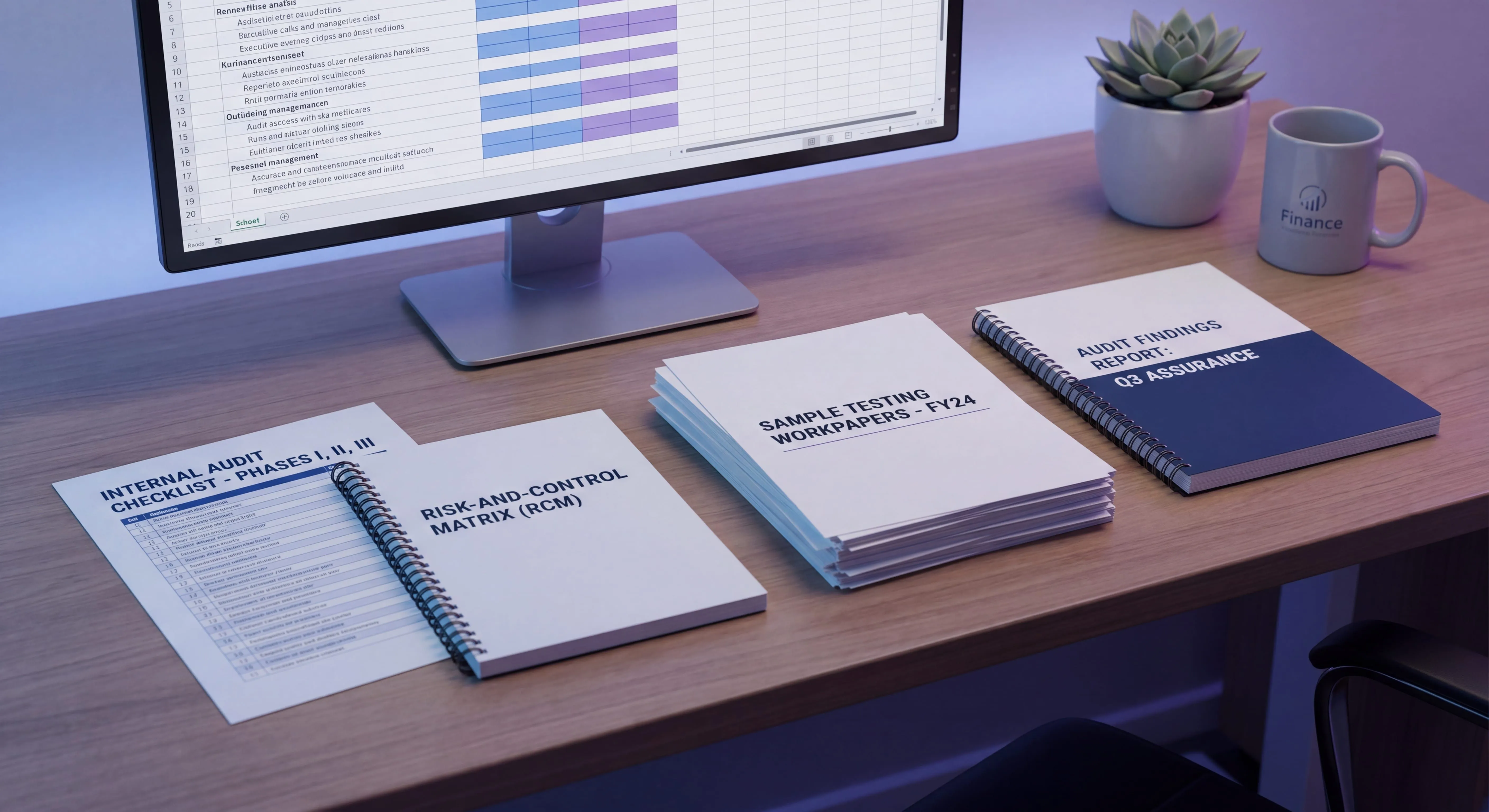 Internal audit checklist covering engagement scope, controls testing, and workpaper documentation on an auditor desk
