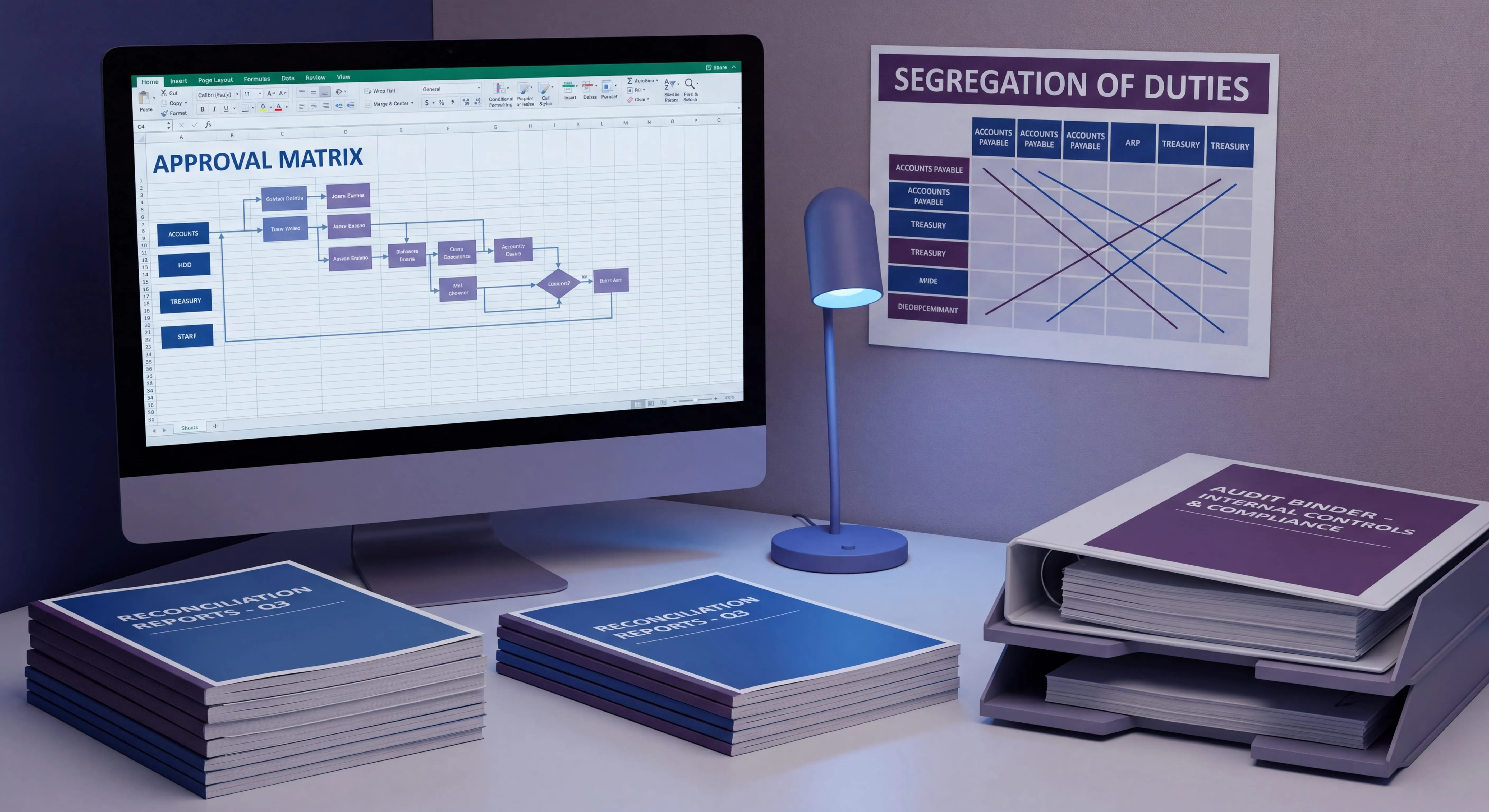 Internal controls in accounting with segregation of duties, approval workflows, and audit documentation on a finance team desk