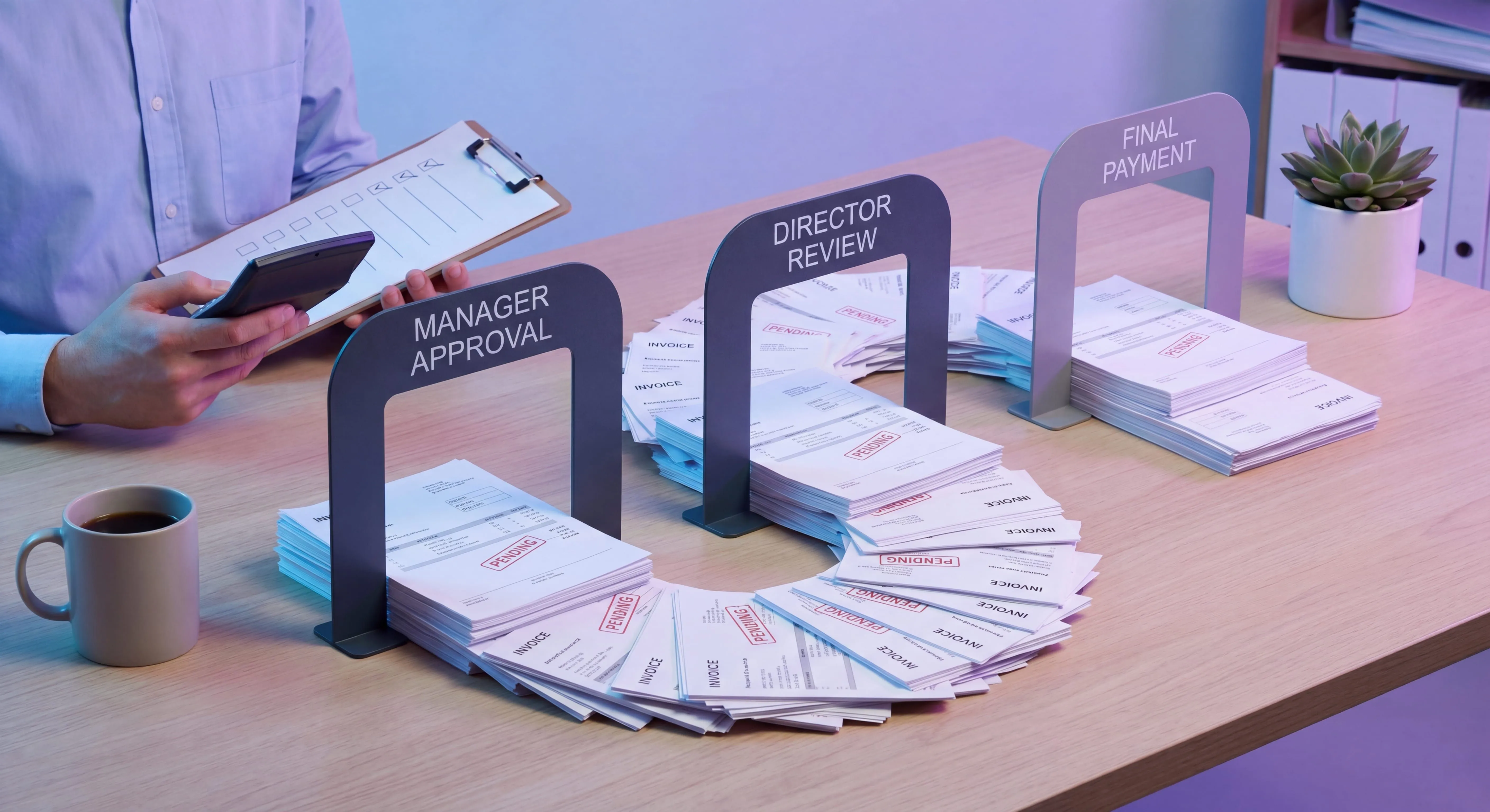 Invoice approval workflow shown as routed invoices moving through approval stages on a finance desk