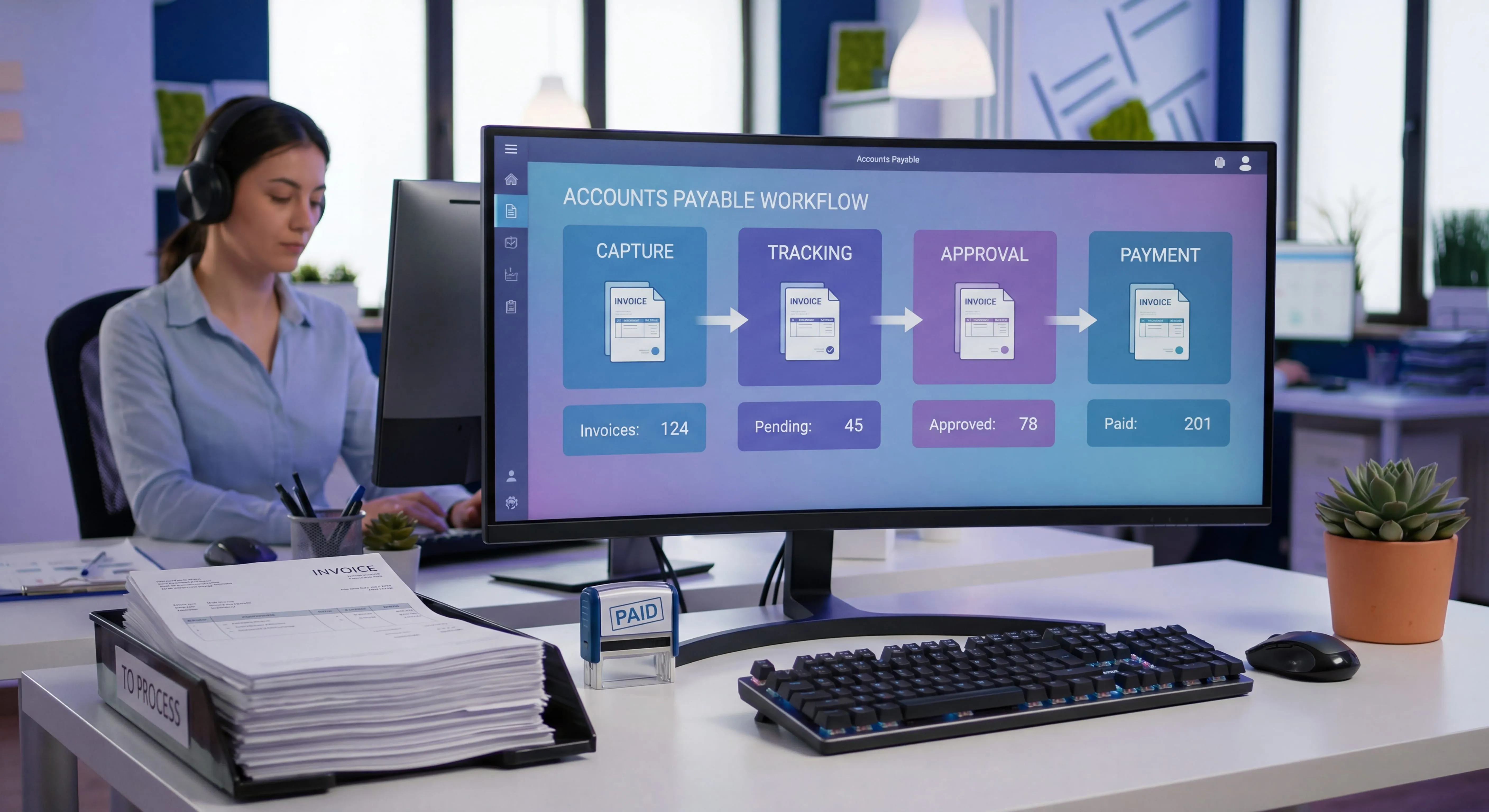 Invoice management process stages from capture to archive on an accounts payable team workspace