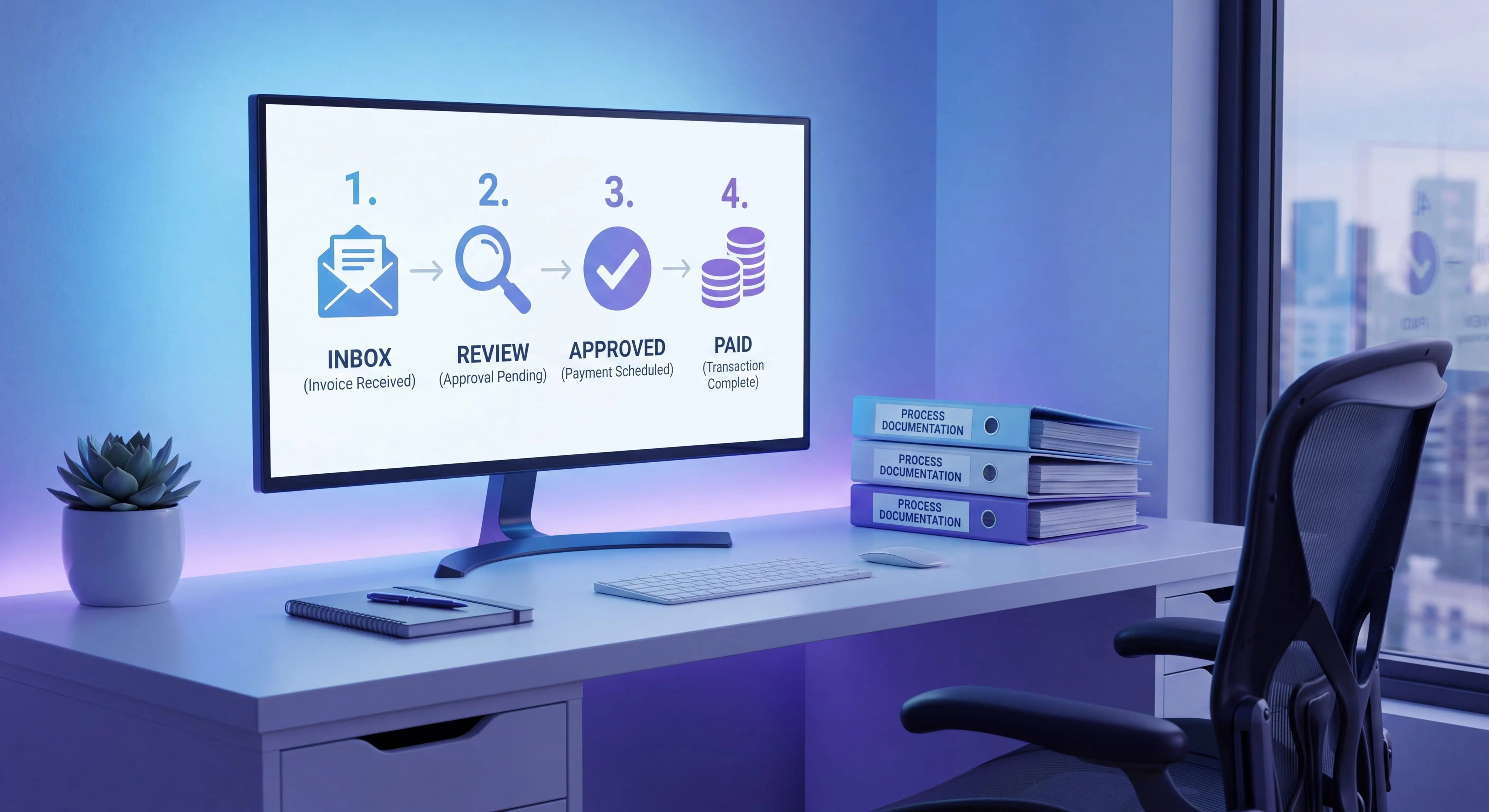 Numbered invoice processing steps for an accounts payable team from receipt to payment
