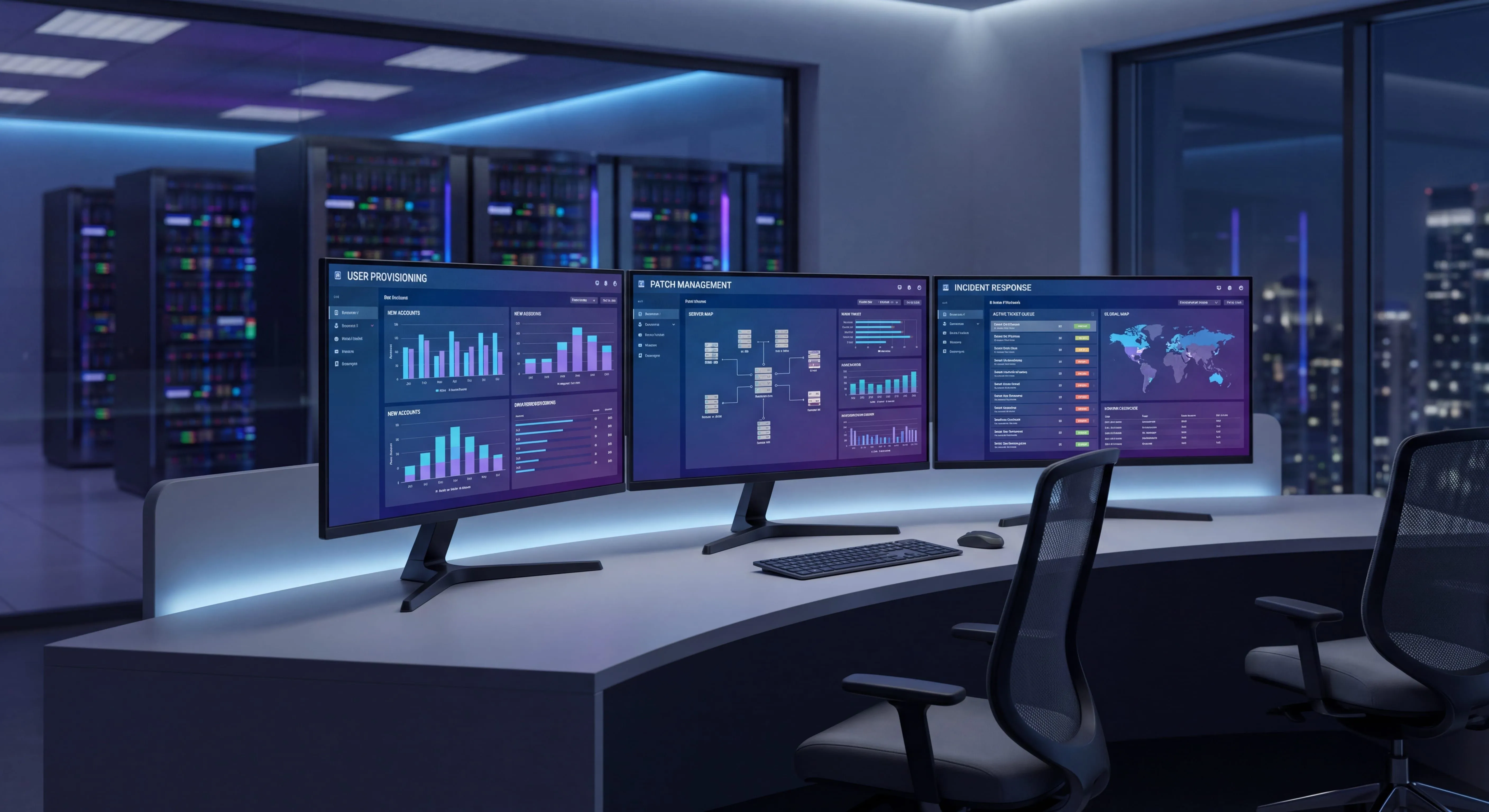 IT team reviewing essential IT SOPs and runbooks on a shared dashboard with provisioning, patching, and incident response workflows