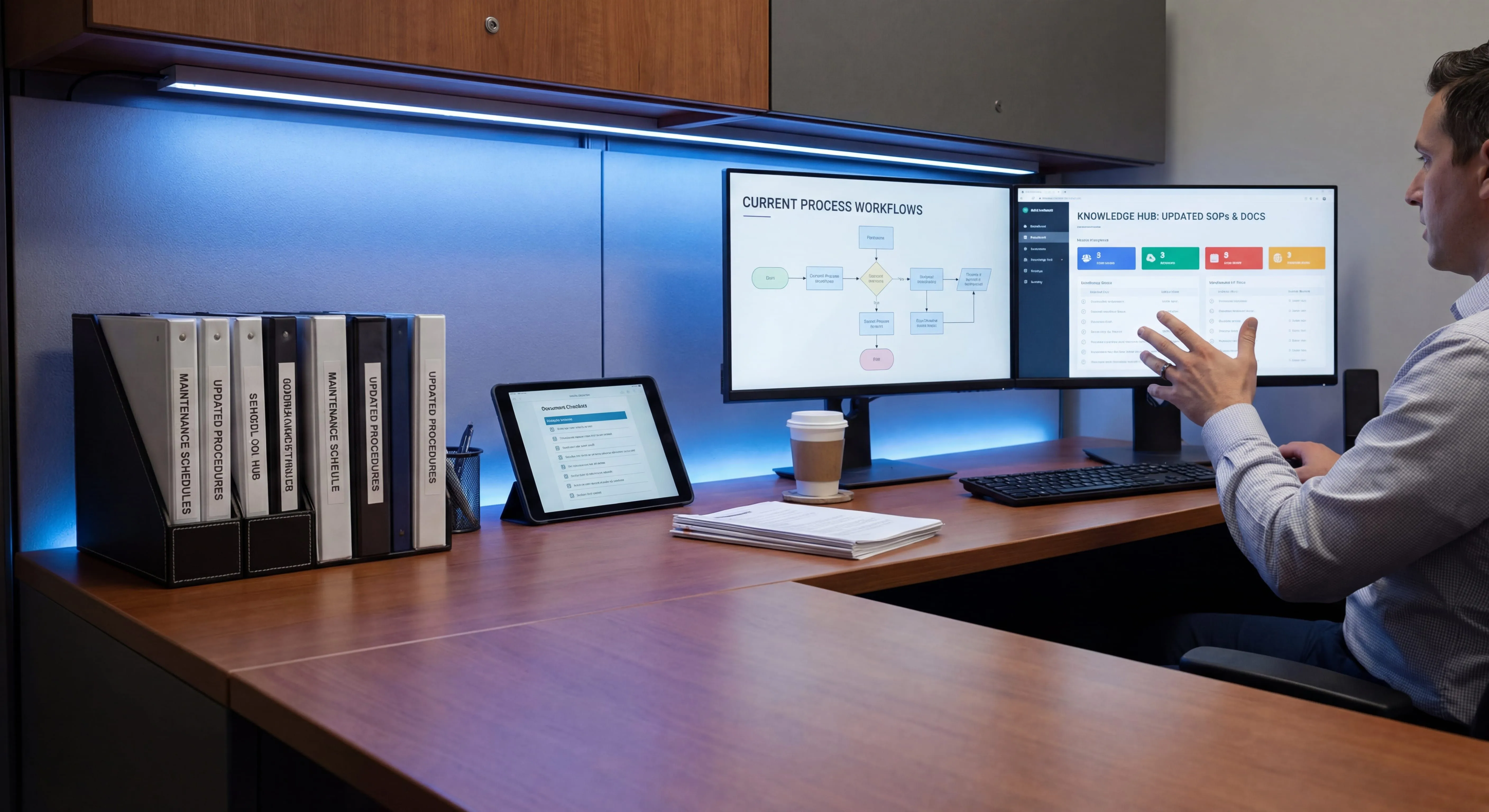 Professional updating process documentation on computer with organized digital files and version control