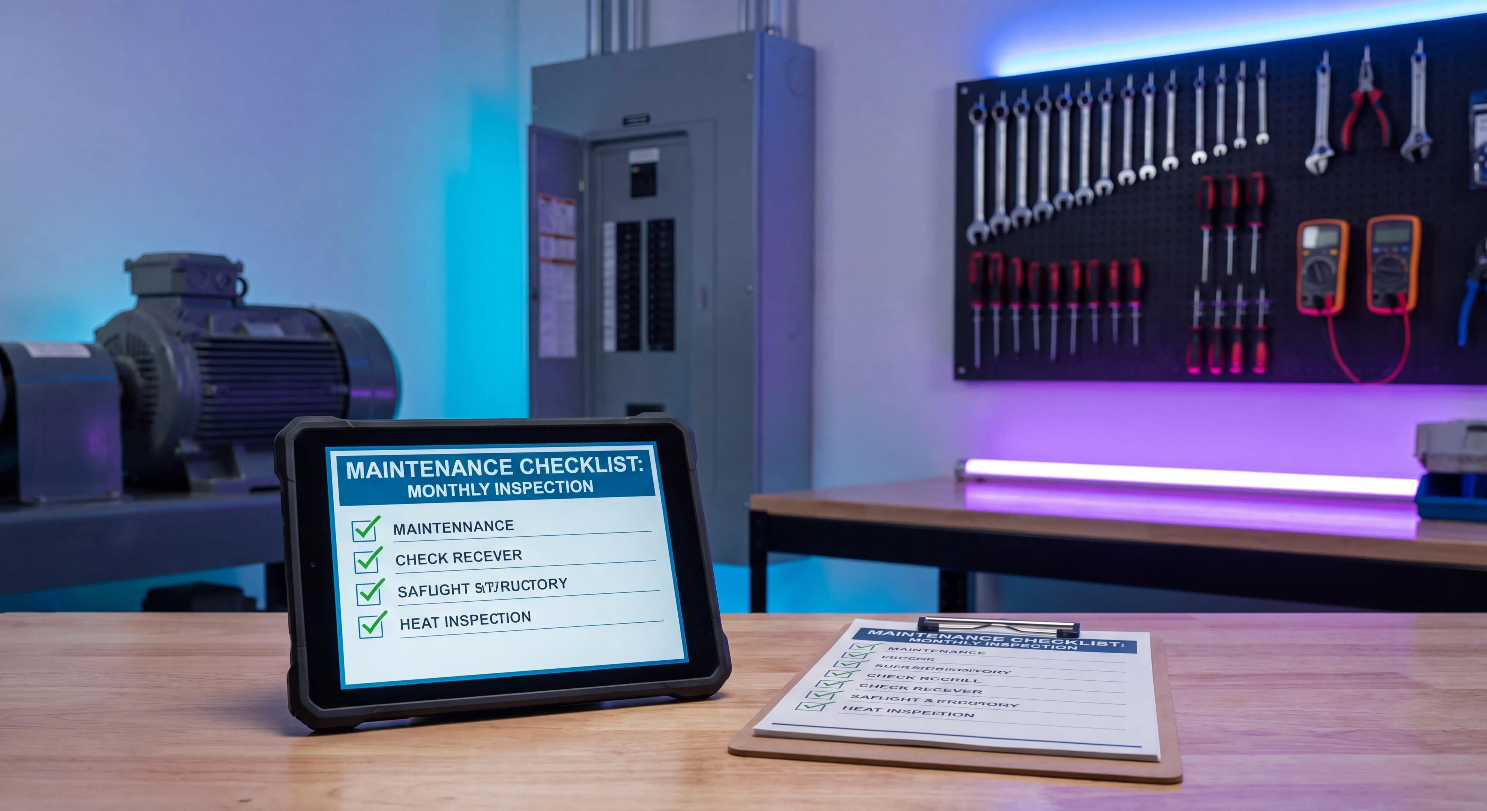 Reusable maintenance checklist template on a technician clipboard next to equipment in a facility