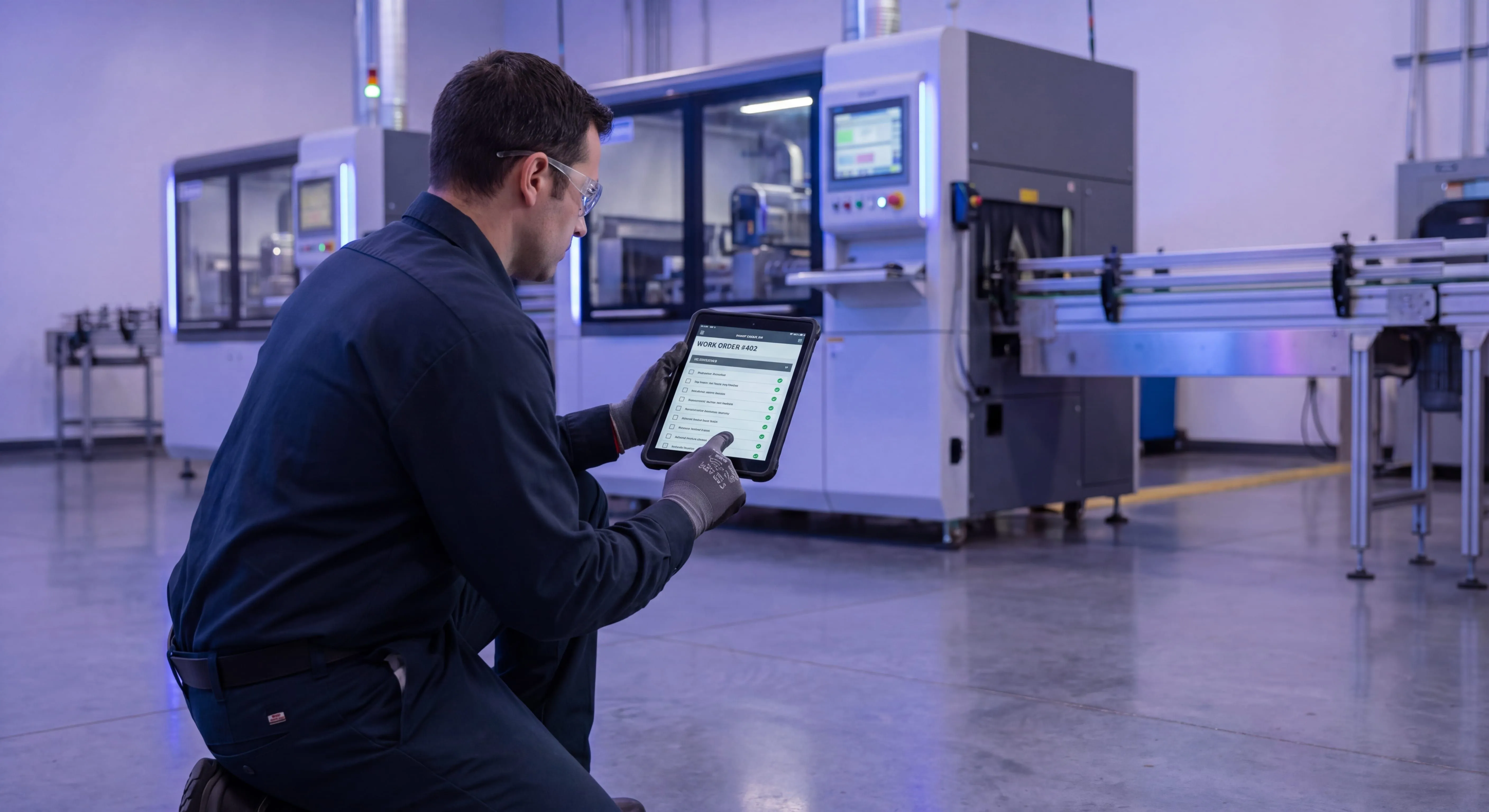 Maintenance technician moving a work order through the maintenance work order process on a facility floor