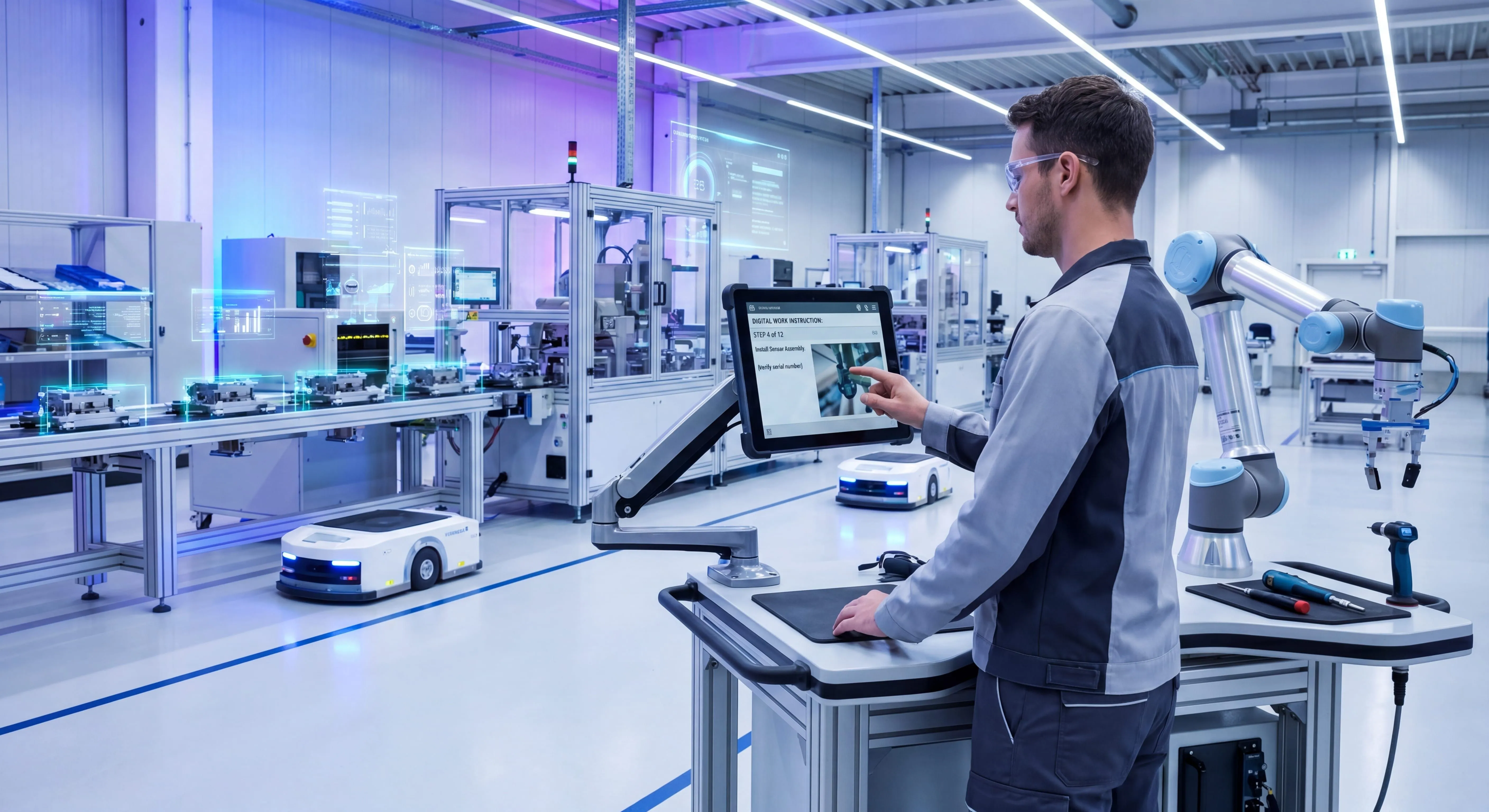Manufacturing SOP guide showing operators following step-by-step procedures on the production floor
