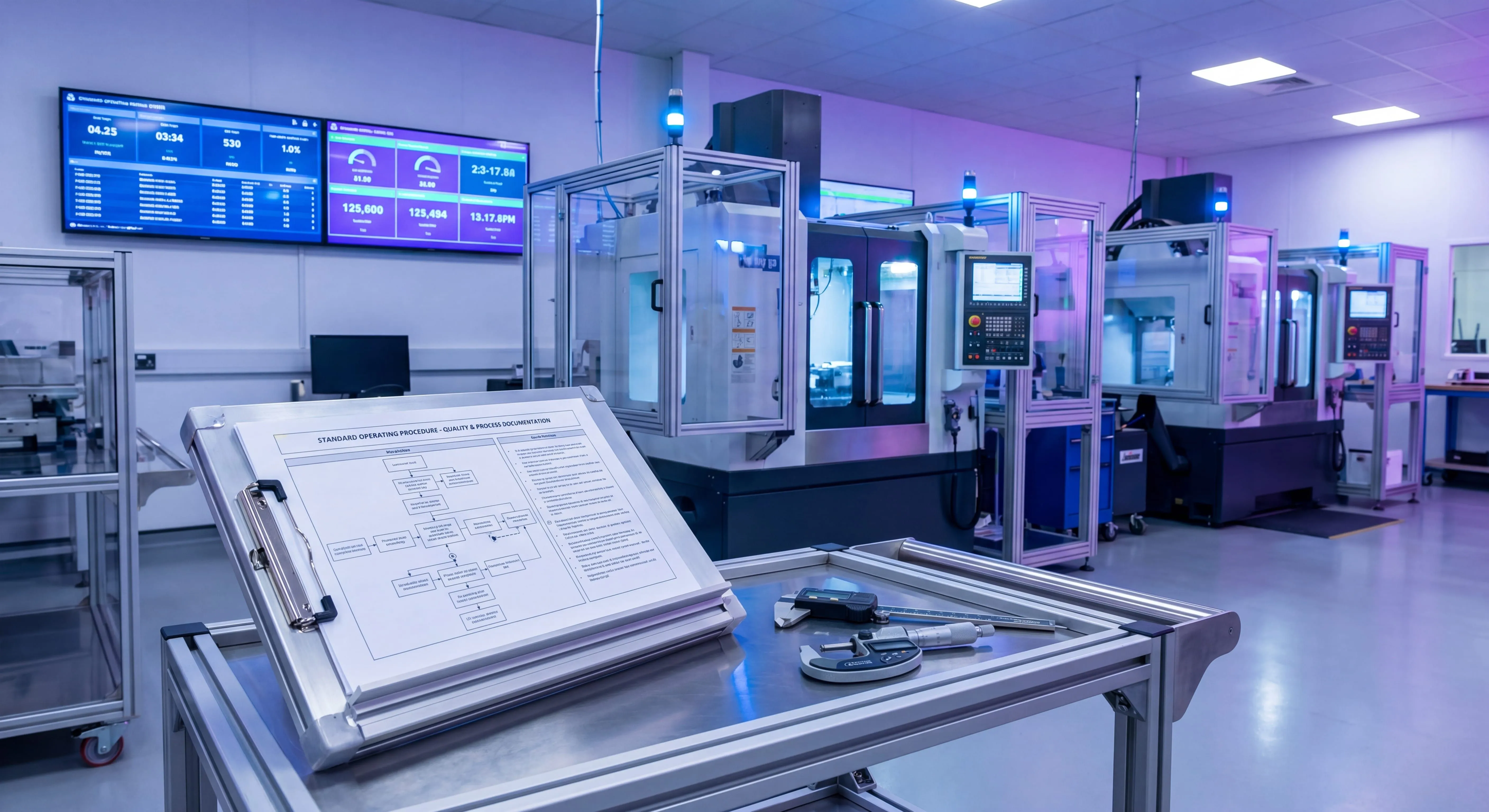 Manufacturing SOP template document on a clipboard next to machinery on a production floor