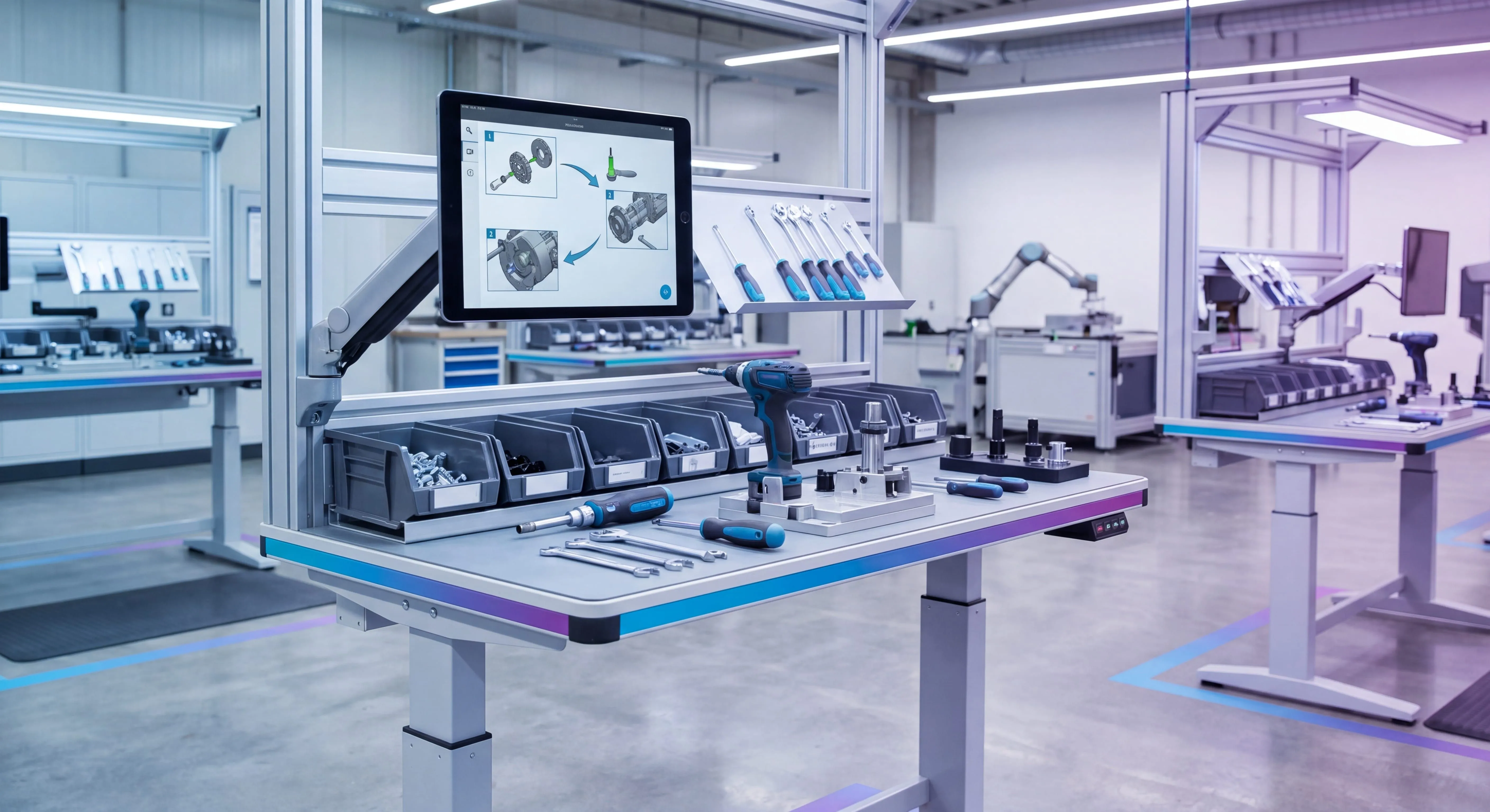 Manufacturing work instructions displayed at a shop-floor workstation next to assembly equipment