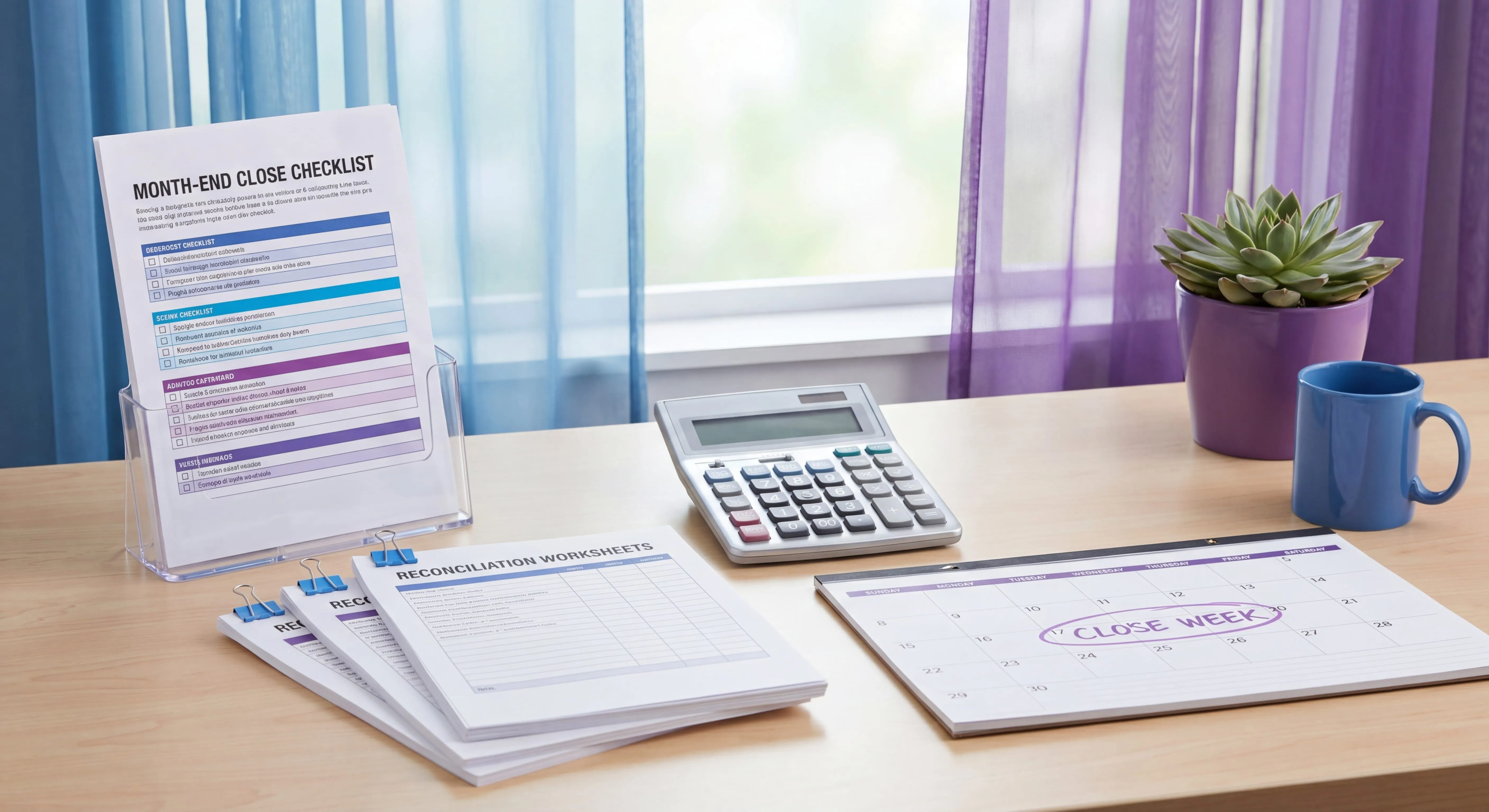 Month-end close checklist organized by area with reconciliations and journal entries on an accountant's desk