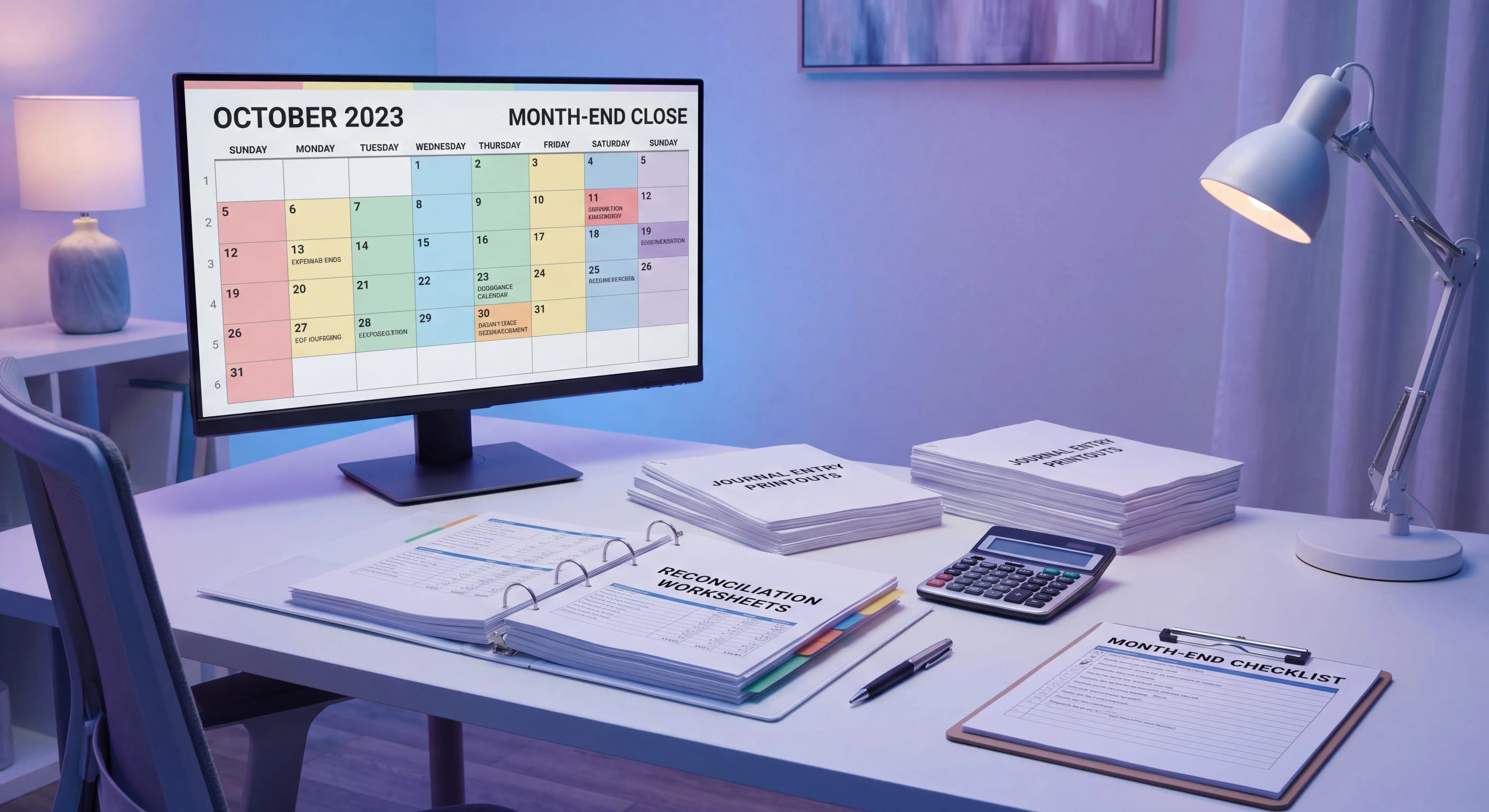 Month-end close process checklist with reconciliations, journal entries, and a financial calendar on a desk