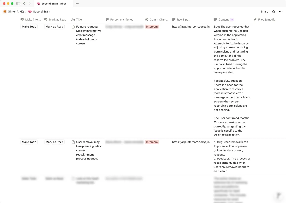 Table displaying incoming feature requests in the 'Second Brain' space in Notion, used for managing customer feedback, bug reports, and feature suggestions at Glitter AI.