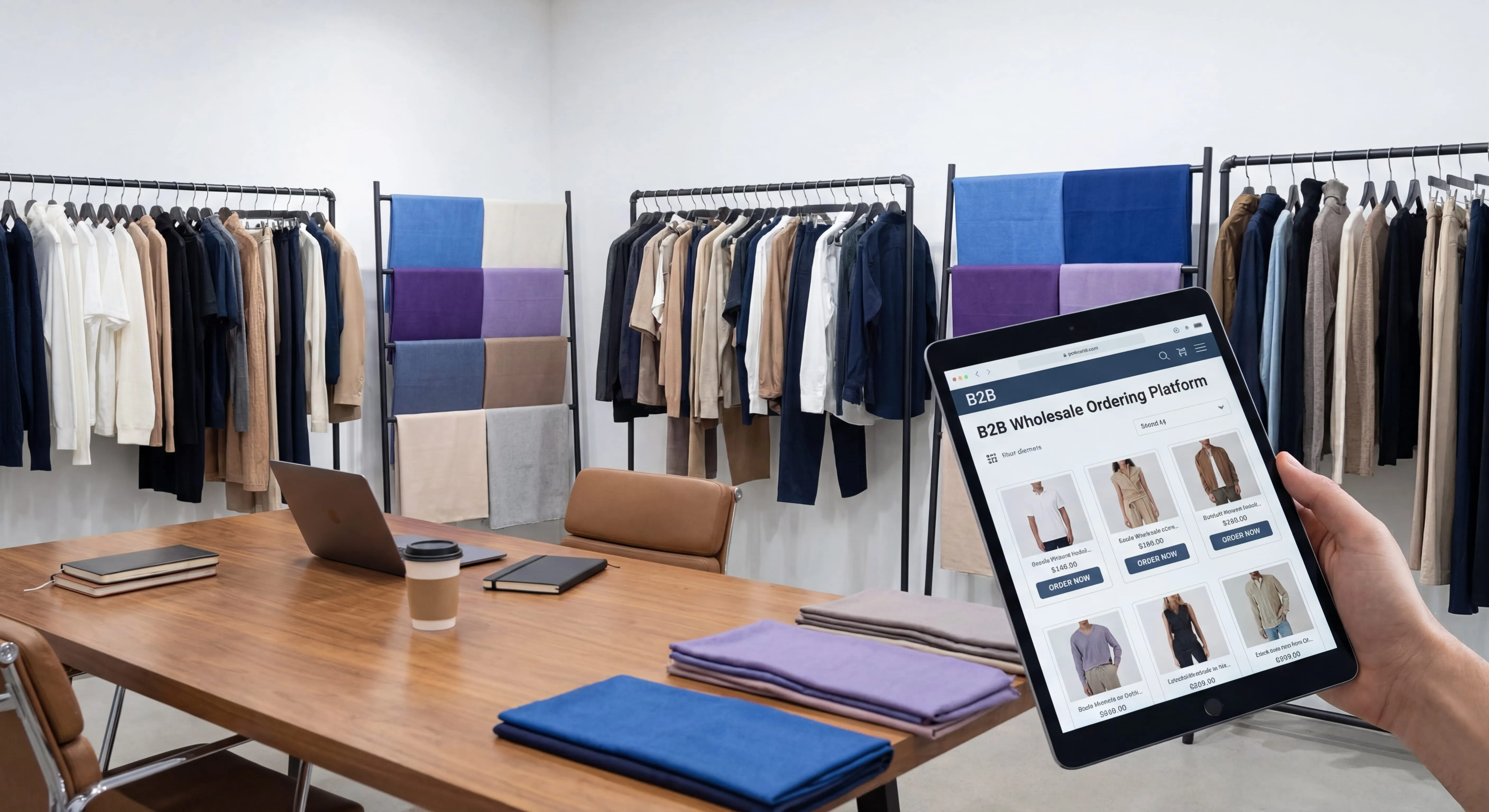 Wholesale fashion showroom with B2B ordering platform on tablet and clothing racks in background
