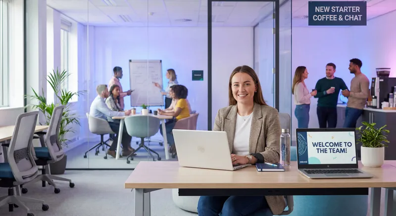 Modern workplace showing onboarding challenges with new employee at desk and team collaboration