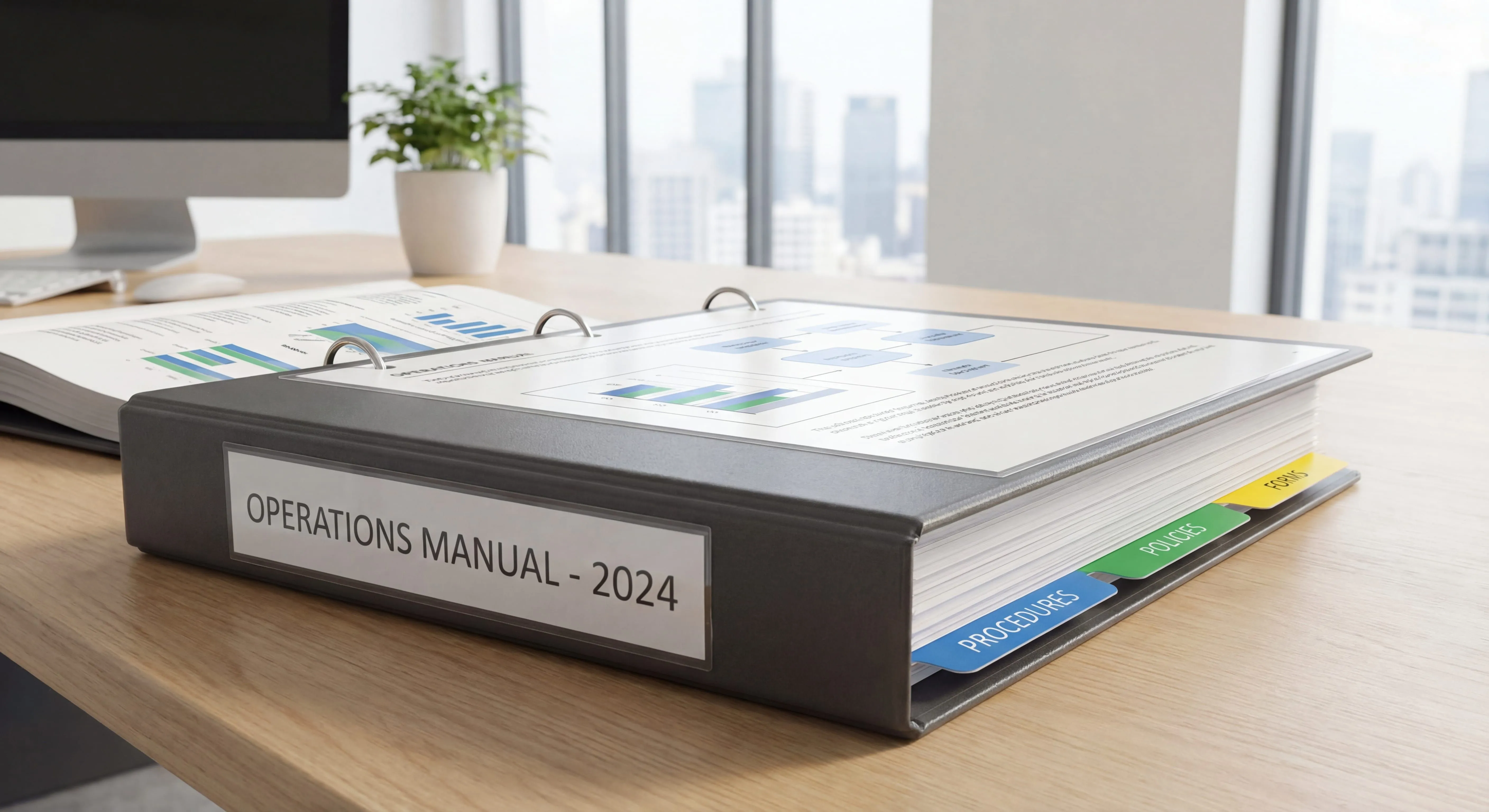 Operations manual template with organized business documentation sections in professional setting