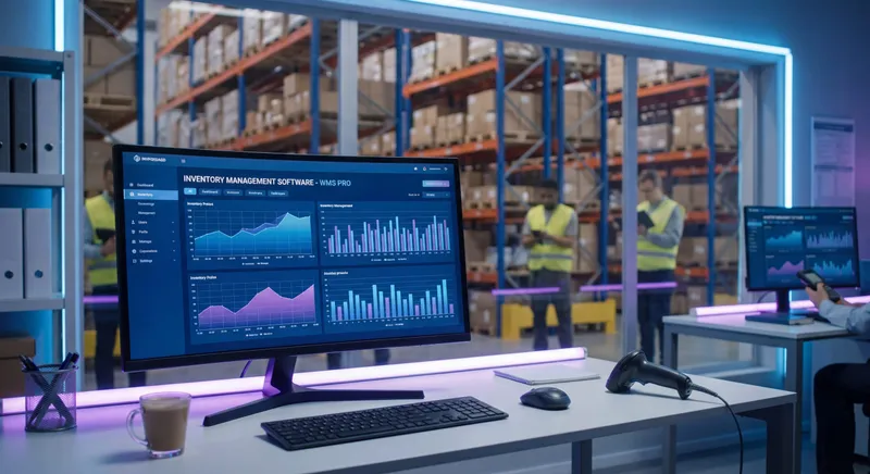 Warehouse operations workspace with inventory management software on screen and shelving in background