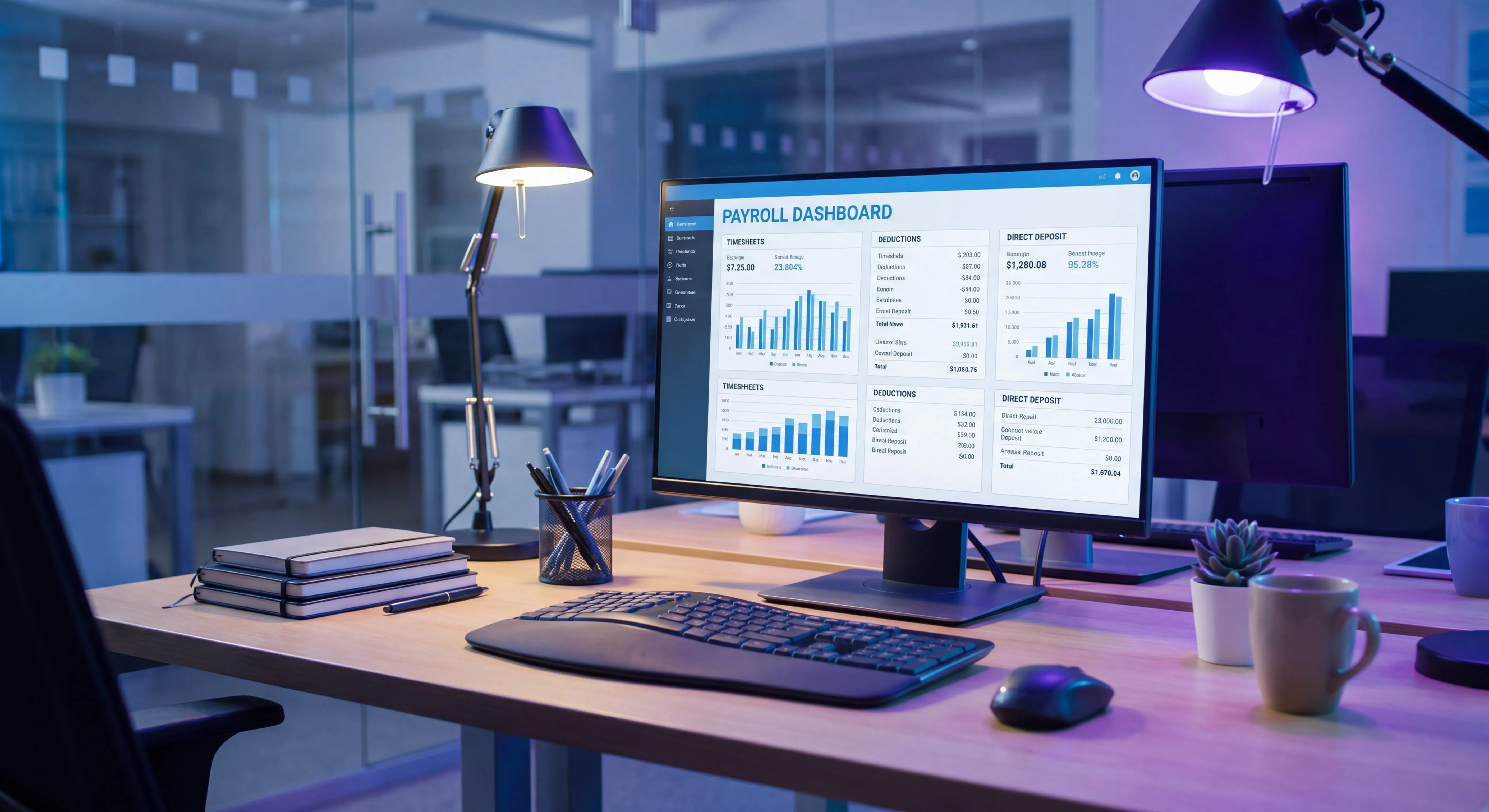 Payroll process workflow showing timesheets, deductions, tax filings, and direct deposit on a finance and HR team desk