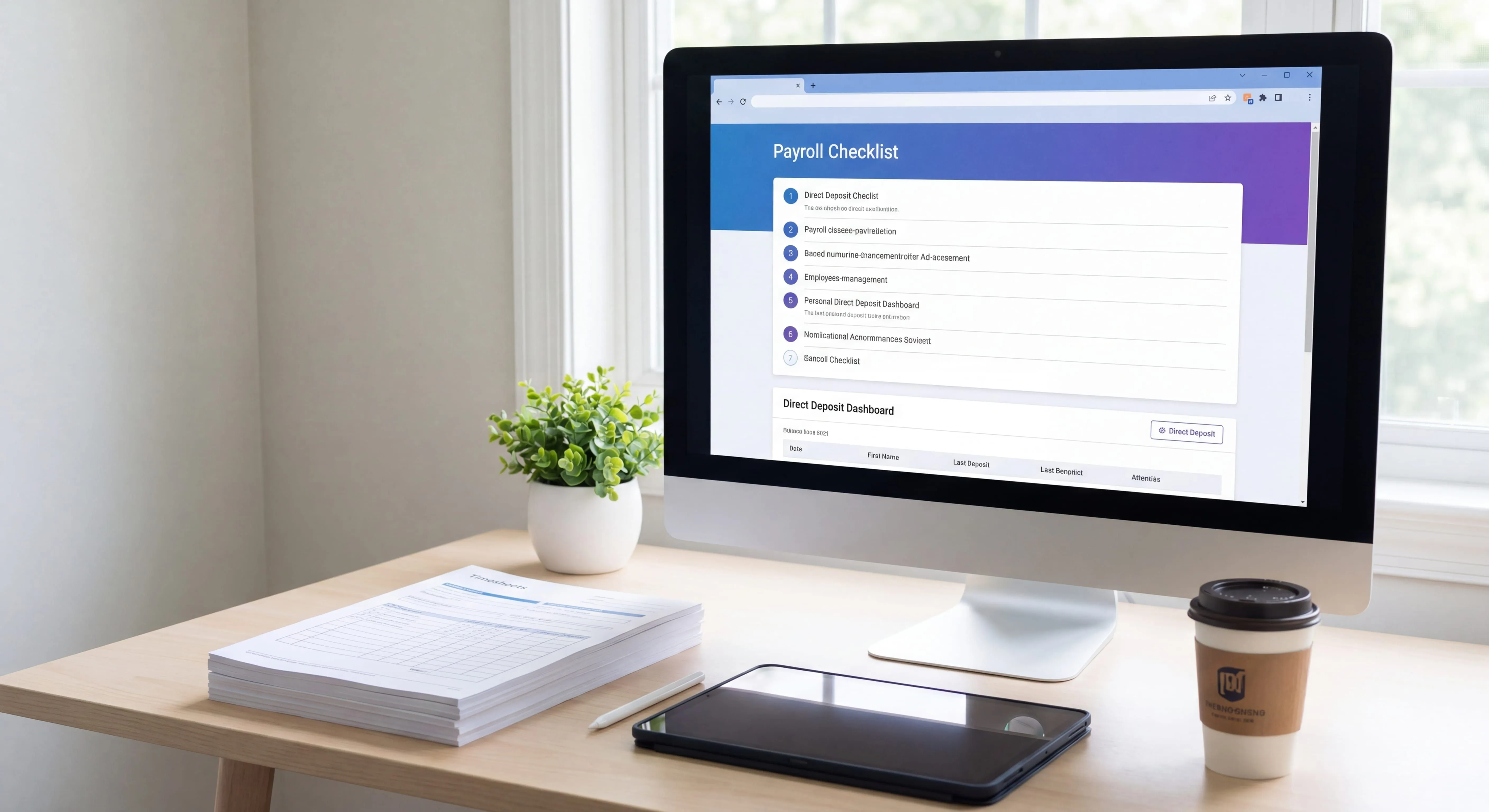 Numbered payroll processing steps checklist on screen showing timesheets, deductions, tax filings, and direct deposit for a finance team