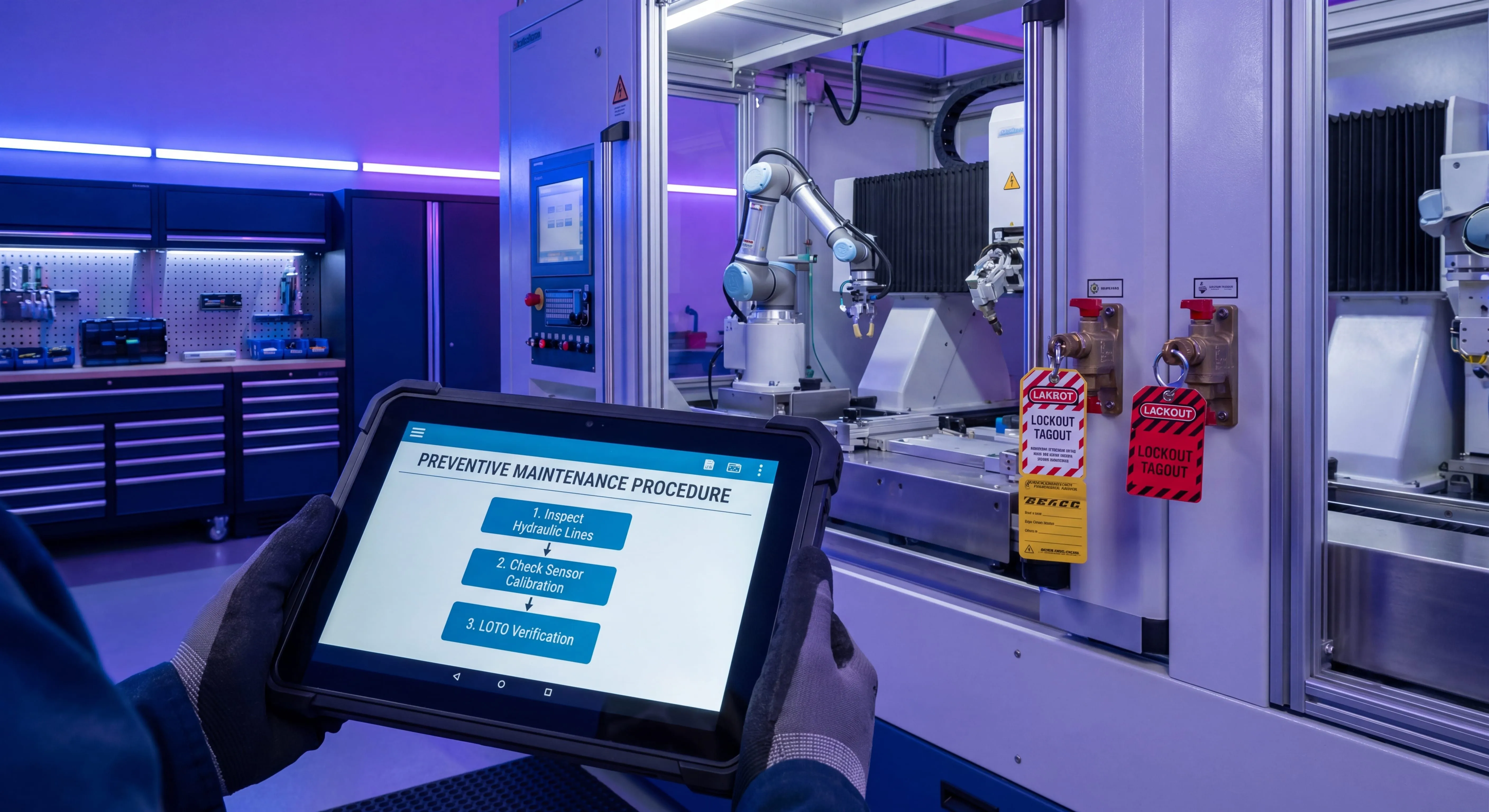 Preventive maintenance procedure document on a tablet next to industrial equipment