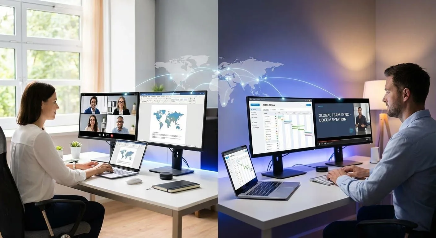 Remote team professionals collaborating across timezones with process documentation on screens