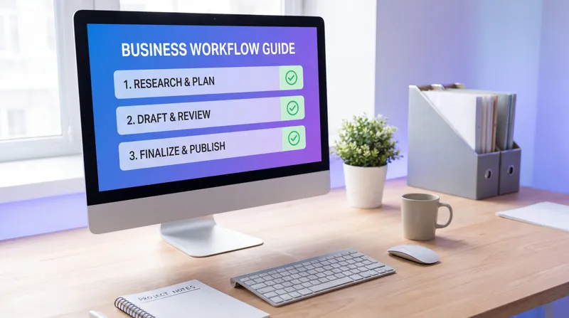 Process documentation template with numbered steps, roles, and revision history on a clean workspace