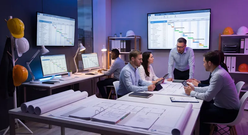 Construction project office with Procore software on monitor alongside blueprints and hard hats