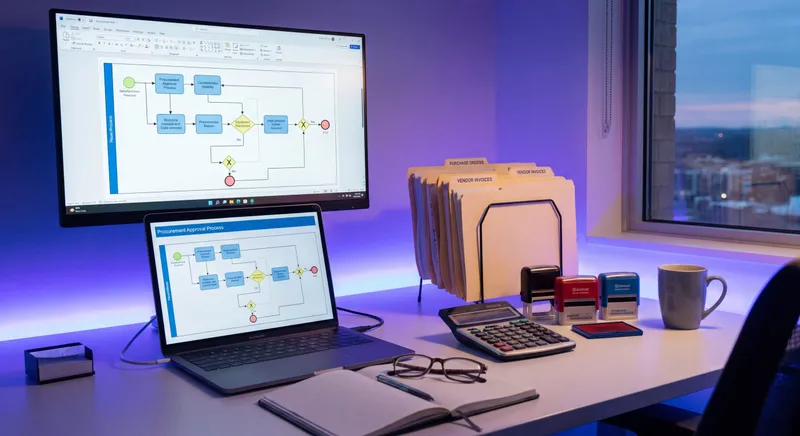Procurement process workflow on a laptop with purchase orders and invoices organized on a finance team desk