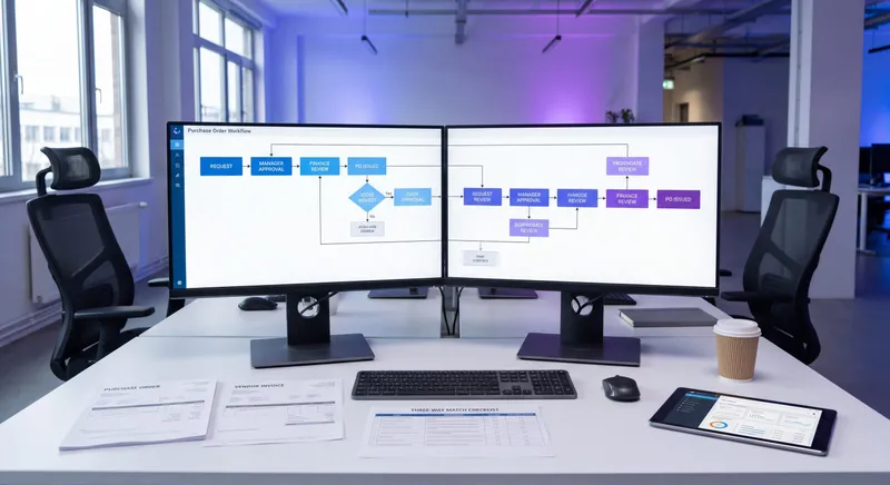 Purchase order process flow diagram showing requisition, PO creation, approval, receipt, and three-way match steps