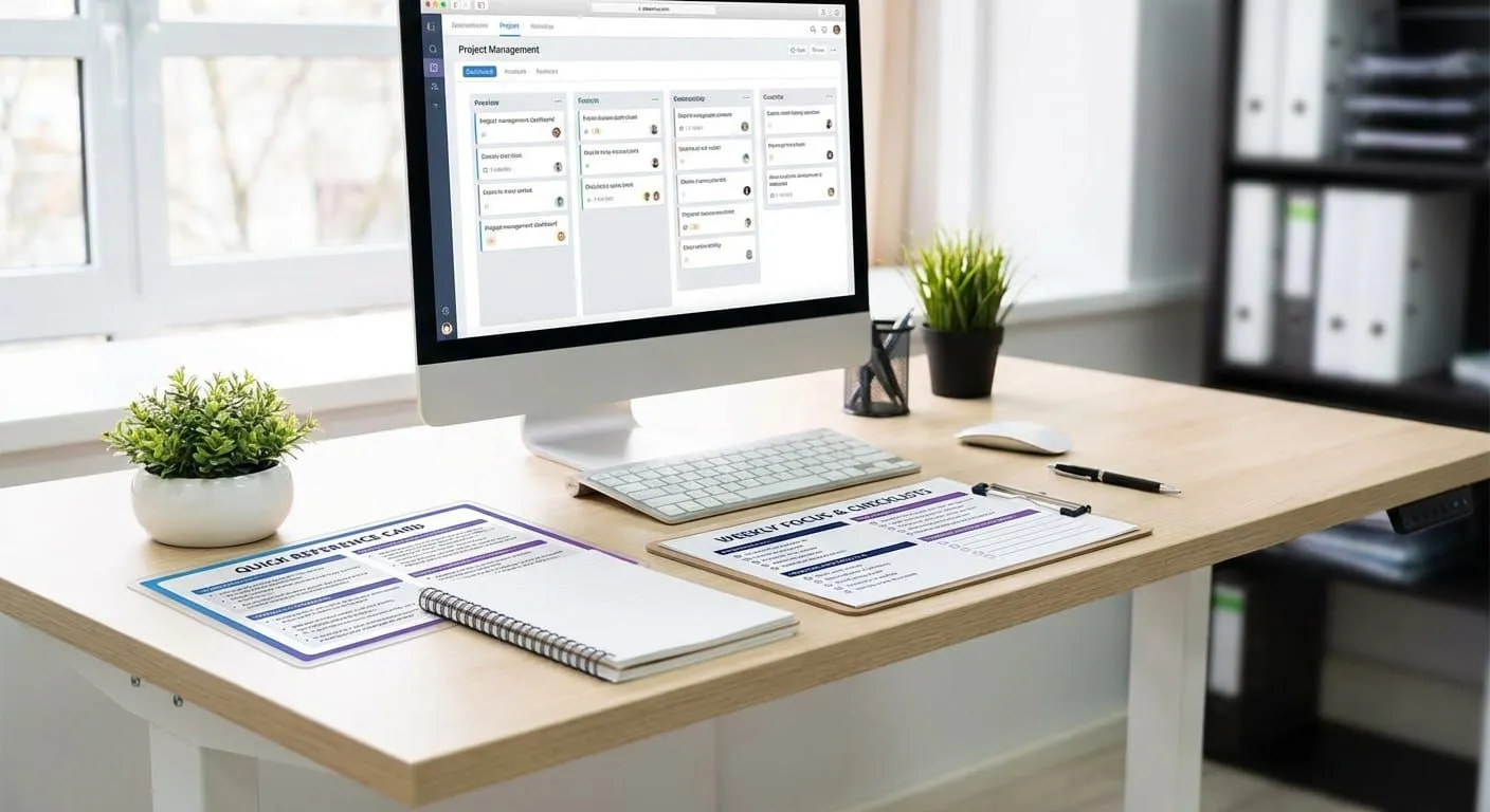 Quick reference guide template on desk workspace with bullet points and checklists in modern office