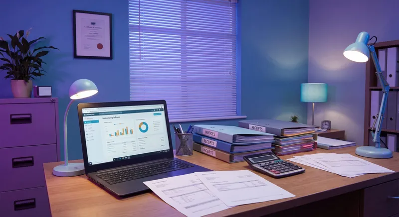 Small business accounting workspace with QuickBooks on laptop screen and organized invoices on desk