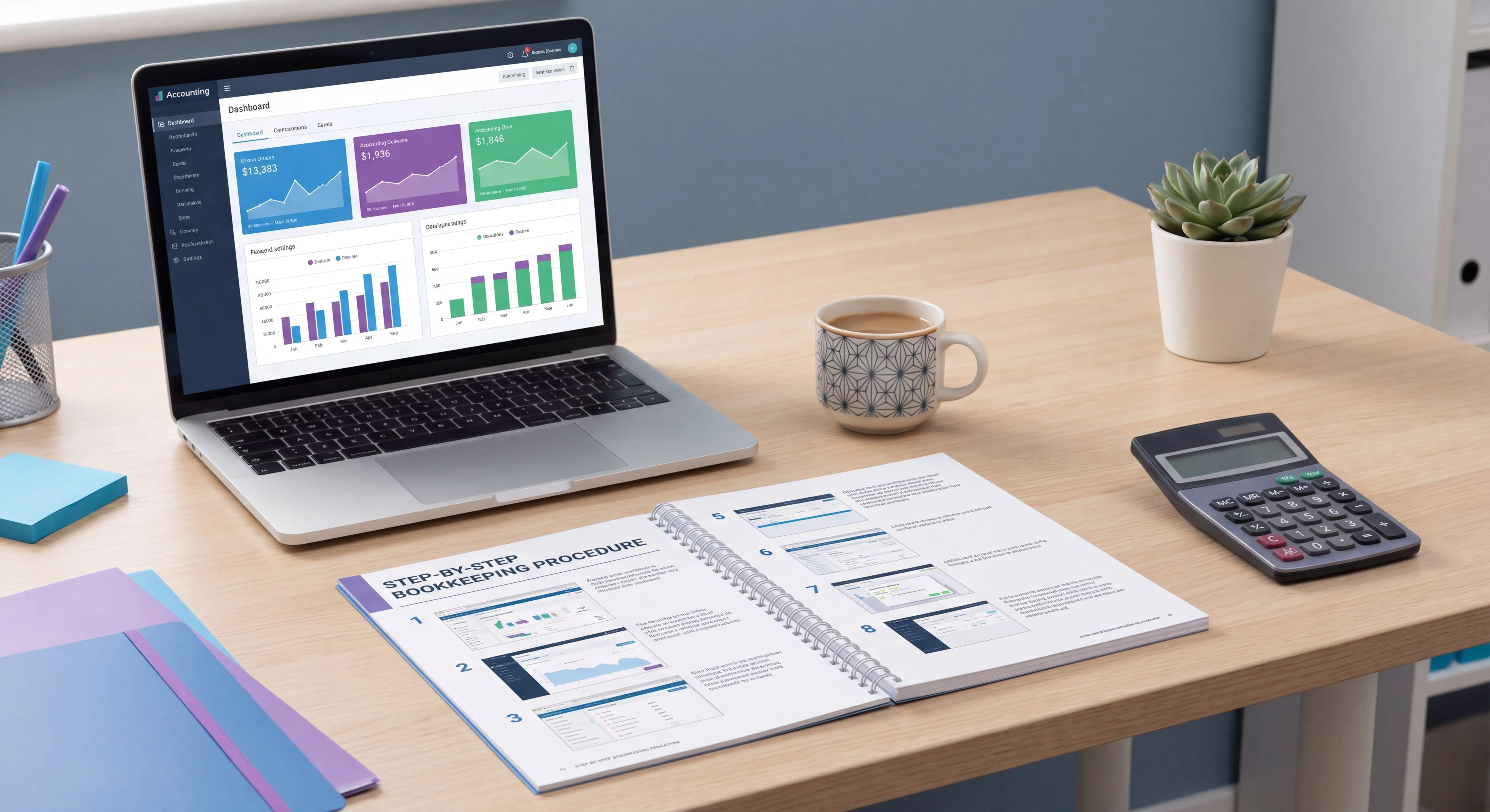 QuickBooks workflow documentation on a laptop showing accounts payable, receivable, and reconciliation steps captured as an SOP