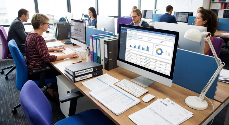 Professional accounting workspace with Sage 100 ERP software on desktop screen showing financial reports and ledgers