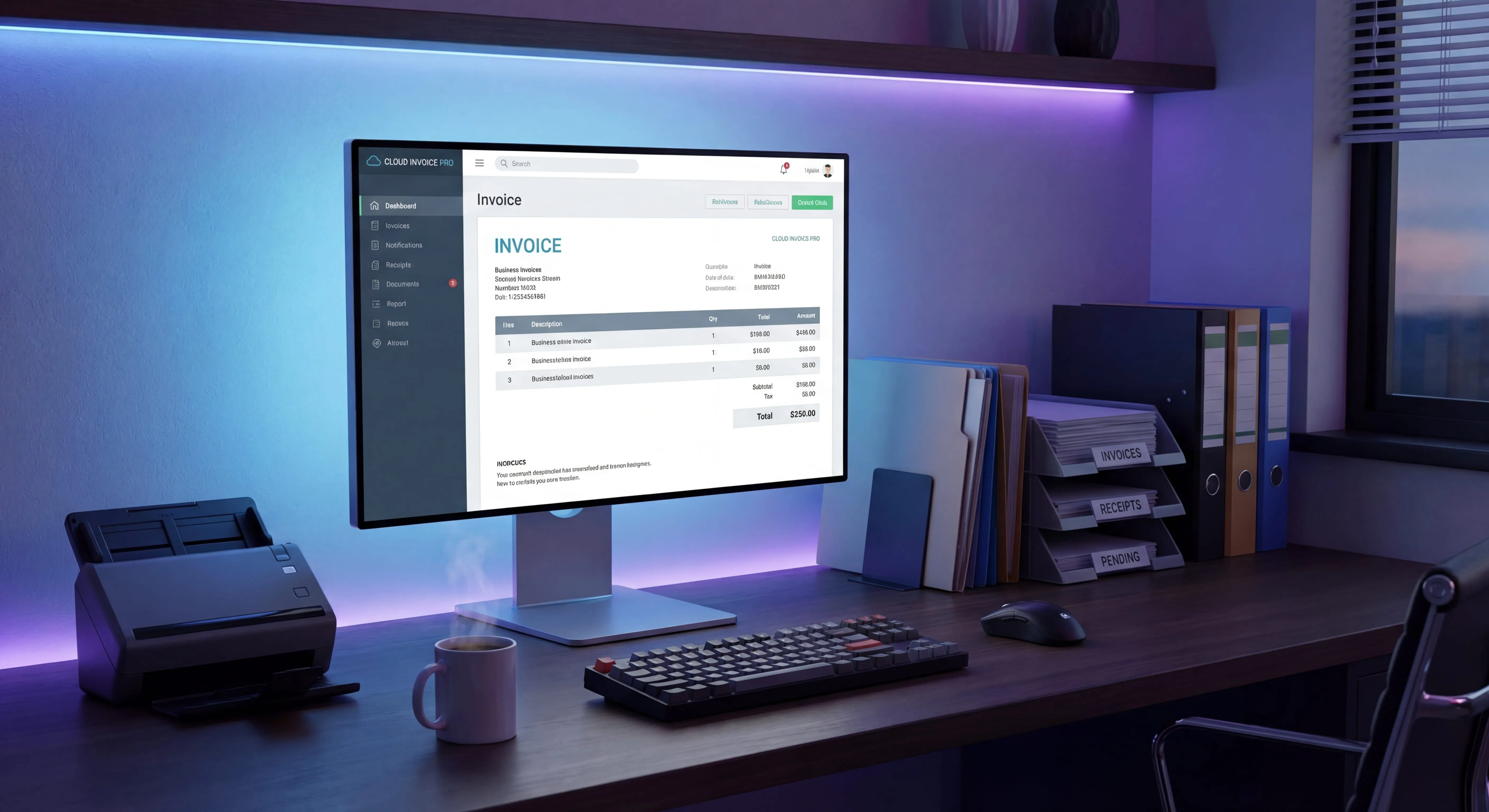 AP automation workspace with Sage Paperless invoice processing software on screen and organized documents