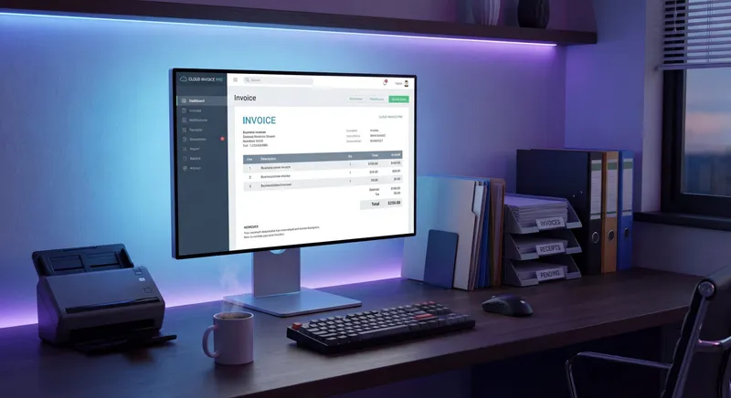 AP automation workspace with Sage Paperless invoice processing software on screen and organized documents