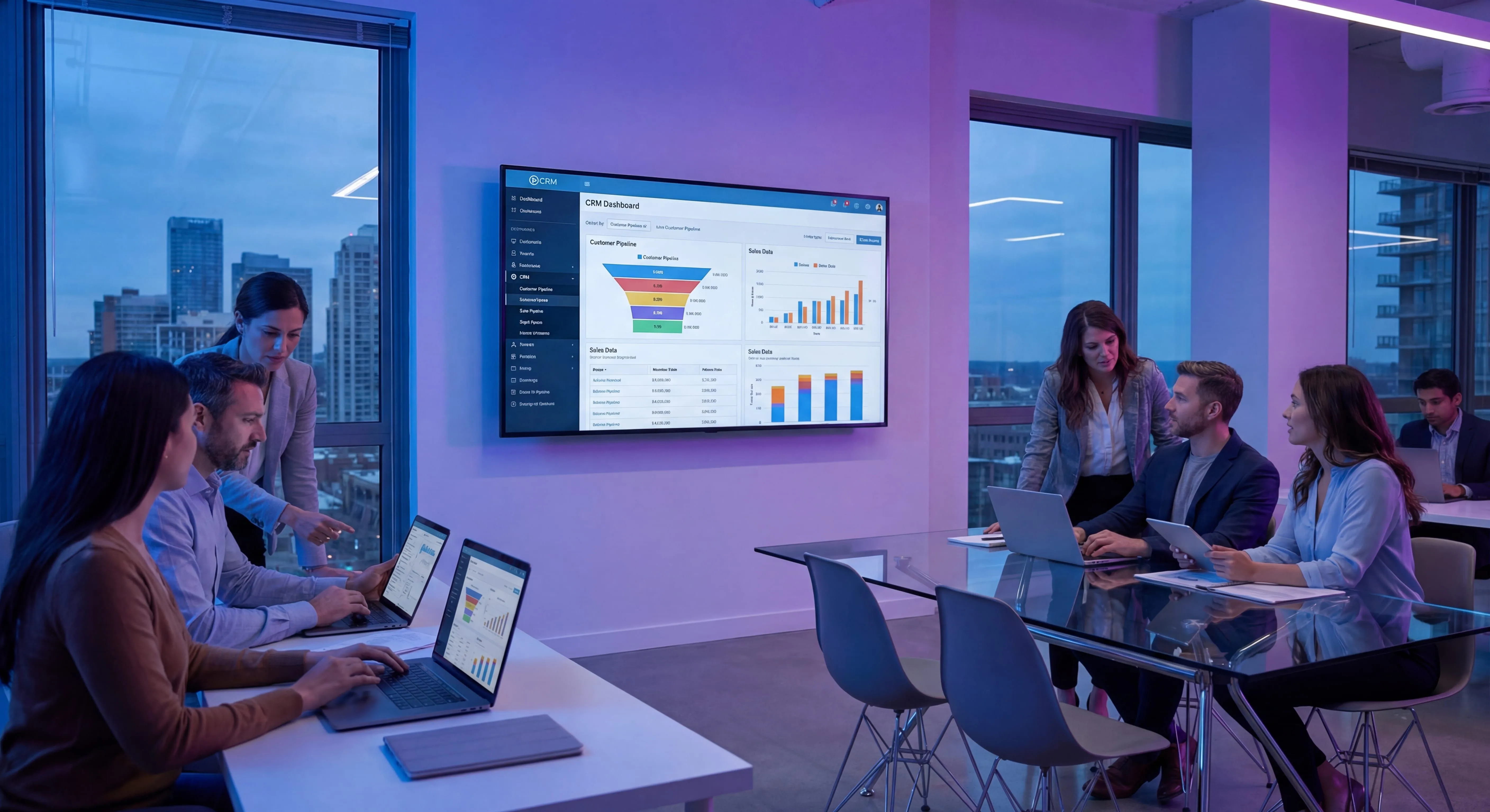Sales team office with Salesforce CRM dashboard on monitor showing pipeline and customer data