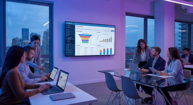 Sales team office with Salesforce CRM dashboard on monitor showing pipeline and customer data