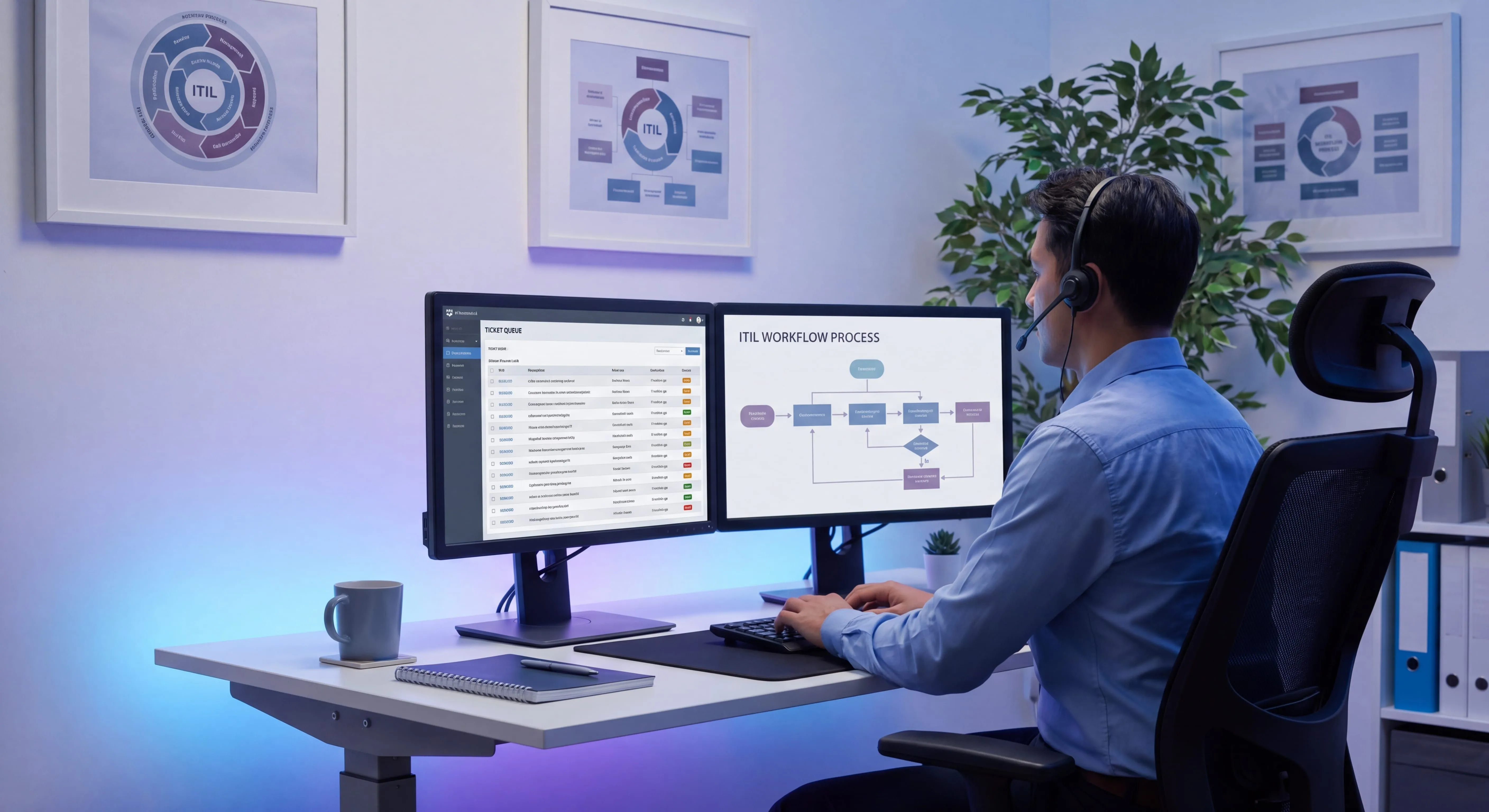 IT service desk SOP workspace with support agent reviewing ticket queue and ITIL workflow diagrams