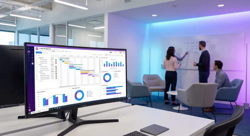 Project management workspace with Smartsheet Gantt charts and dashboards on a large monitor