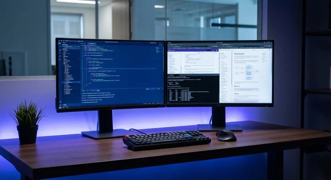 Developer workspace with code editor and software documentation on screen showing technical development process