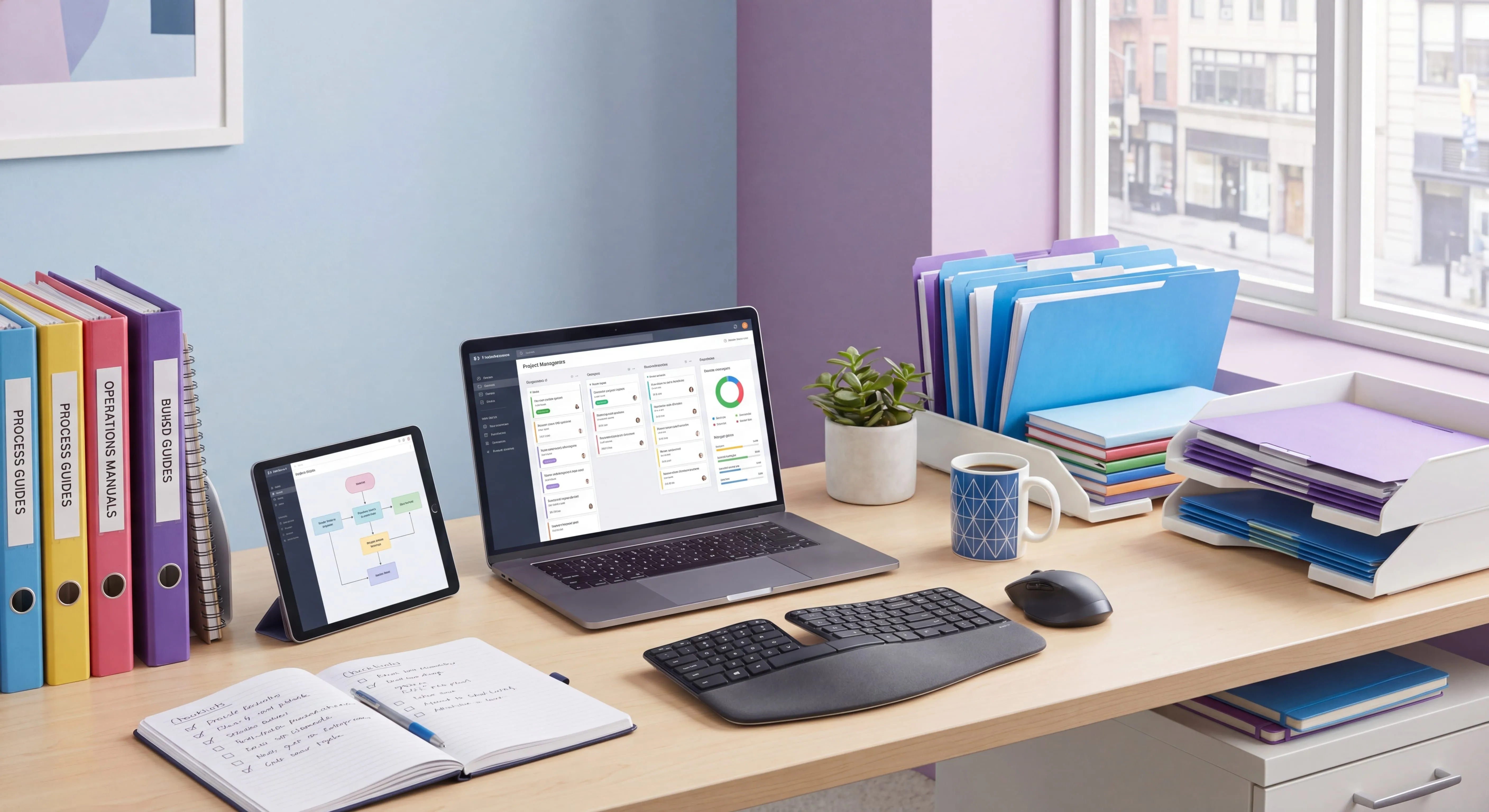 SOP examples for small business shown as organized documents and checklists on a modern office desk