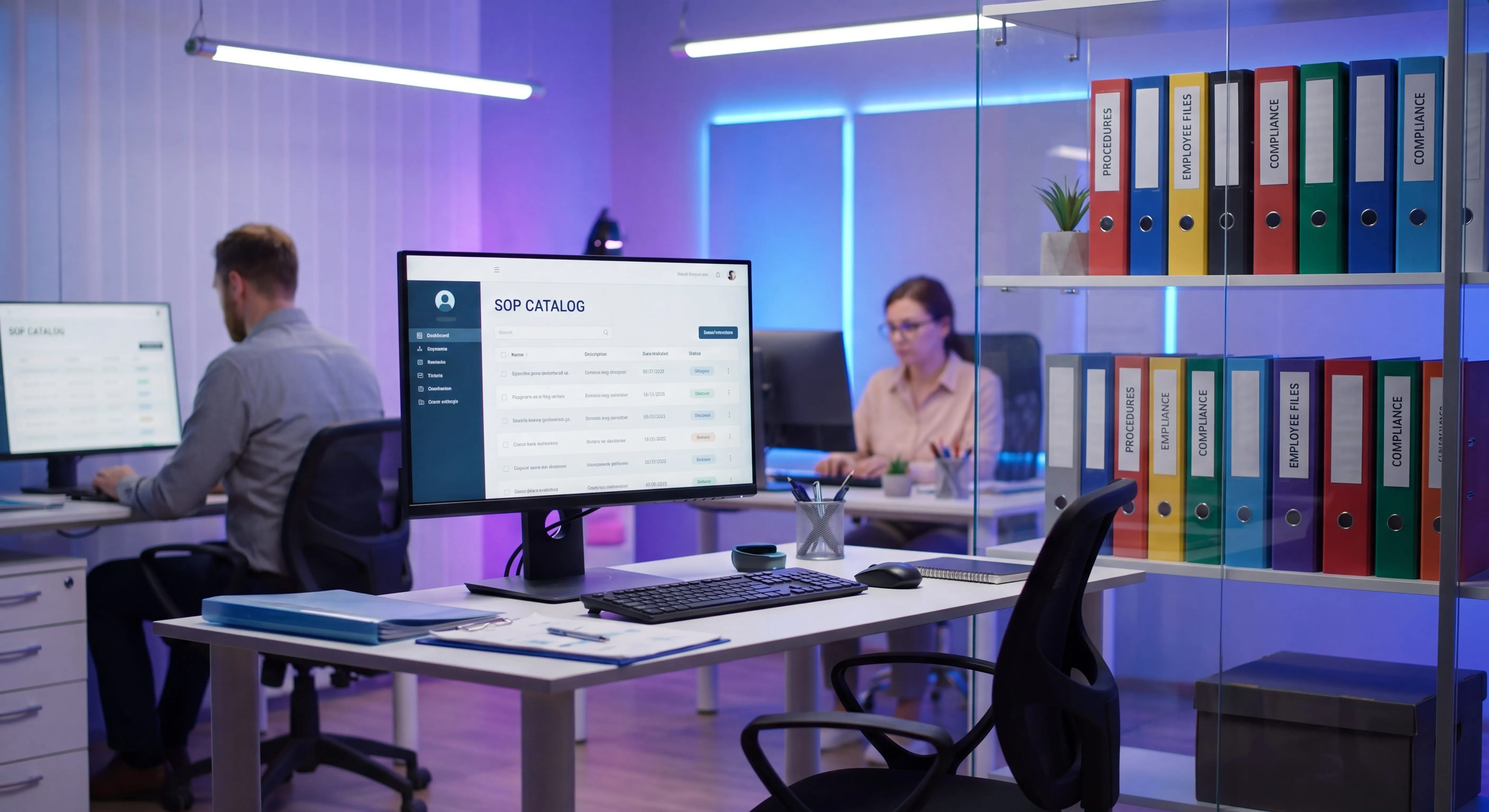 Organized HR department workspace with SOP catalog and procedure documentation visible on monitor